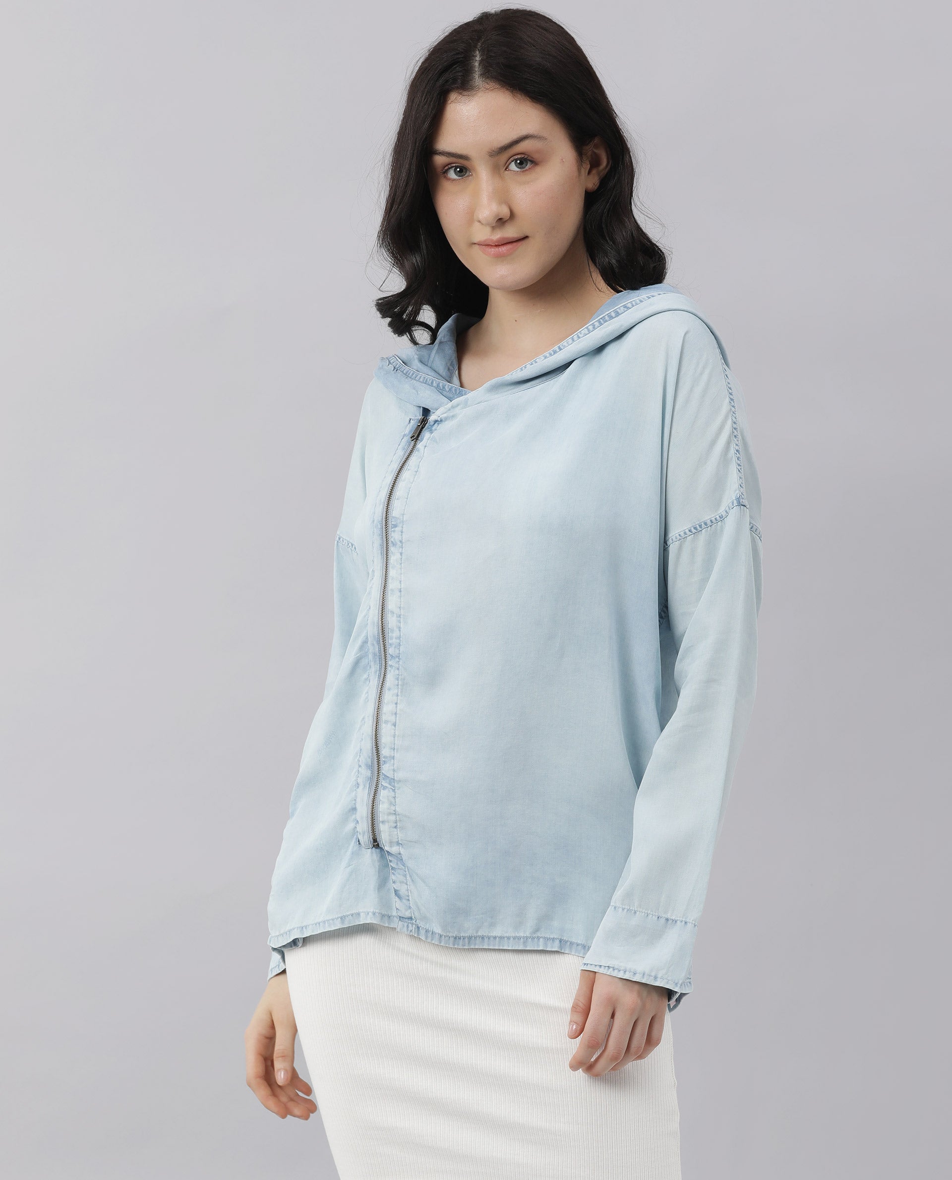 Rareism Womens Hemp Light Blue Hoodie Zipper Closure