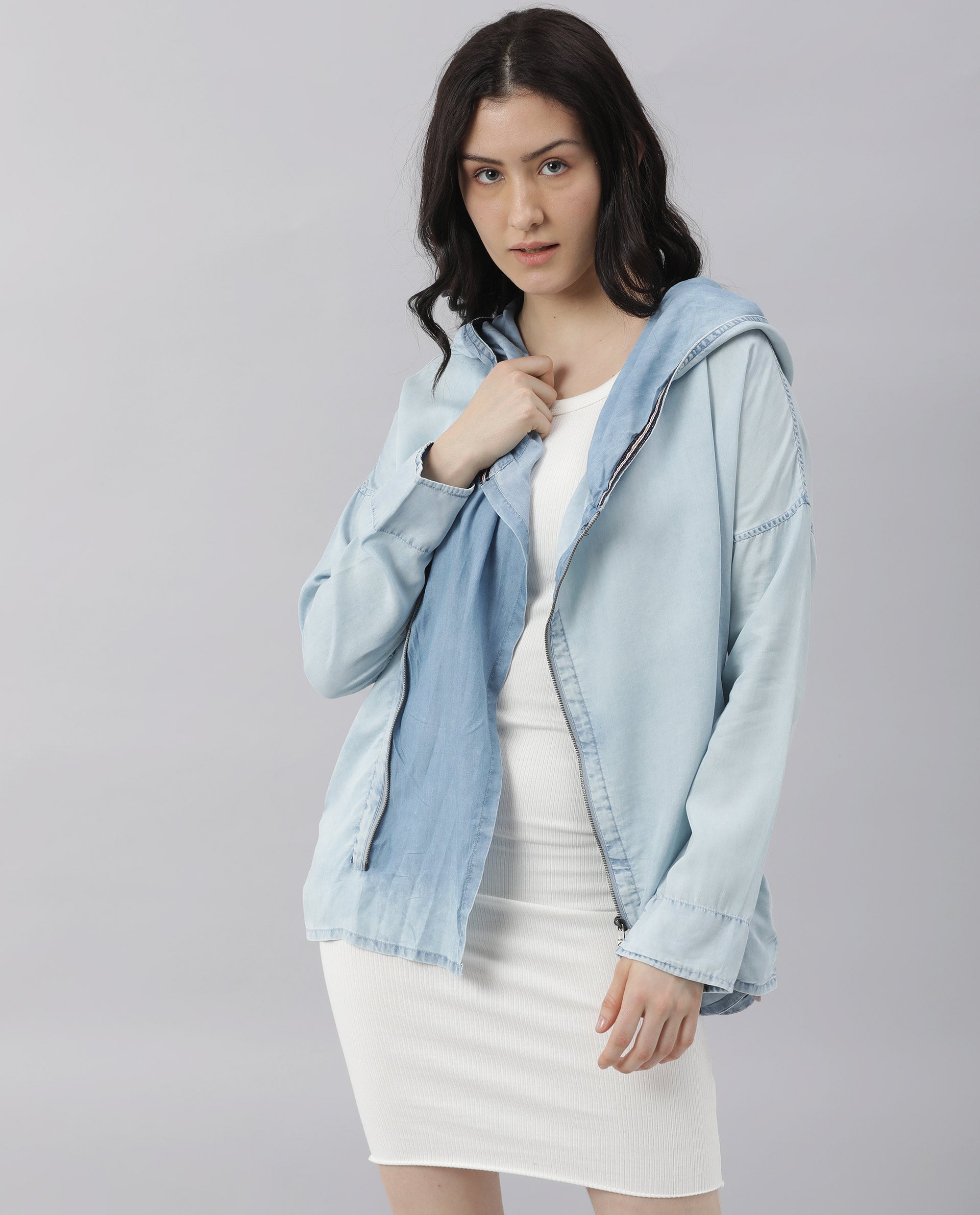 Rareism Womens Hemp Light Blue Hoodie Zipper Closure