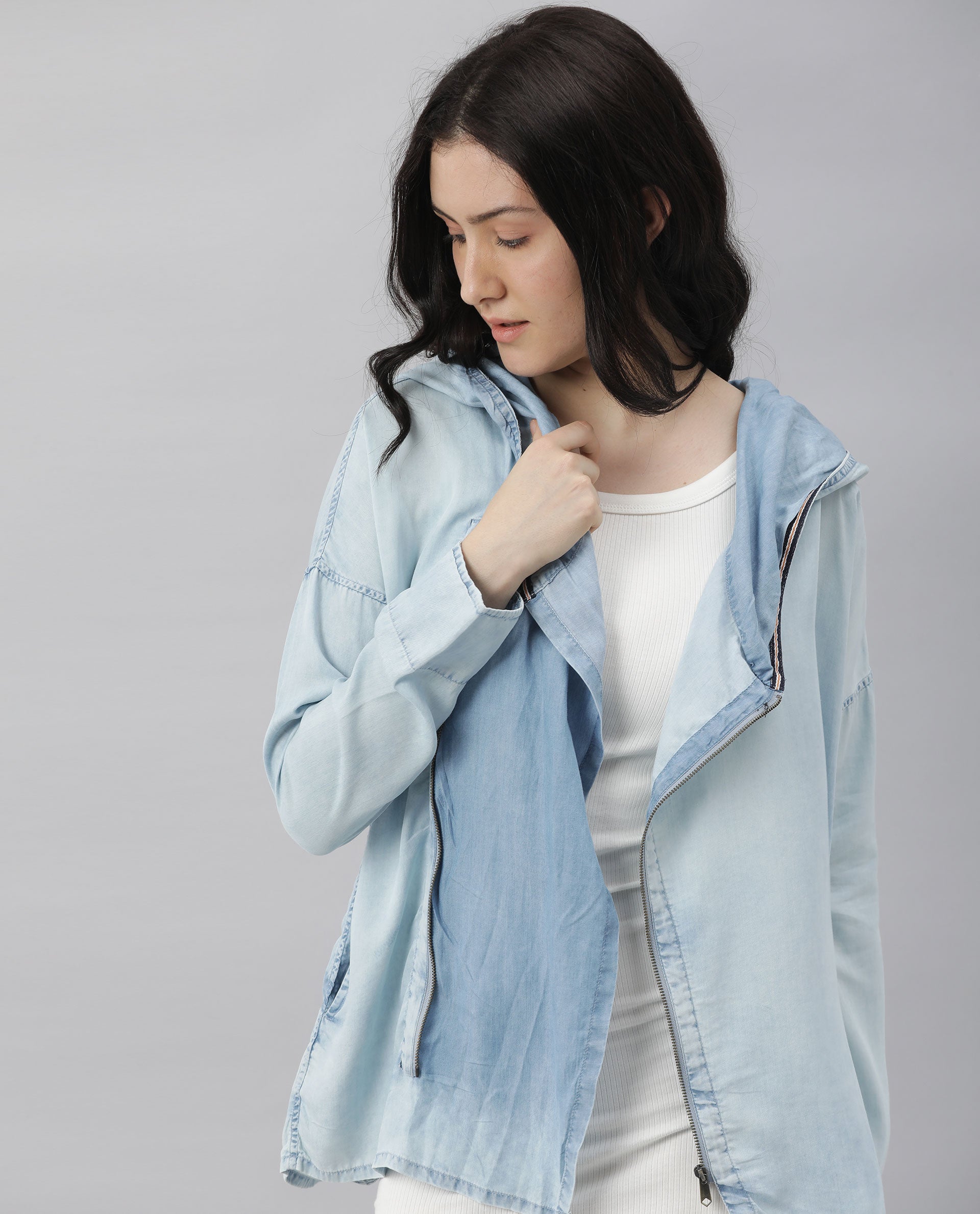 Rareism Womens Hemp Light Blue Hoodie Zipper Closure
