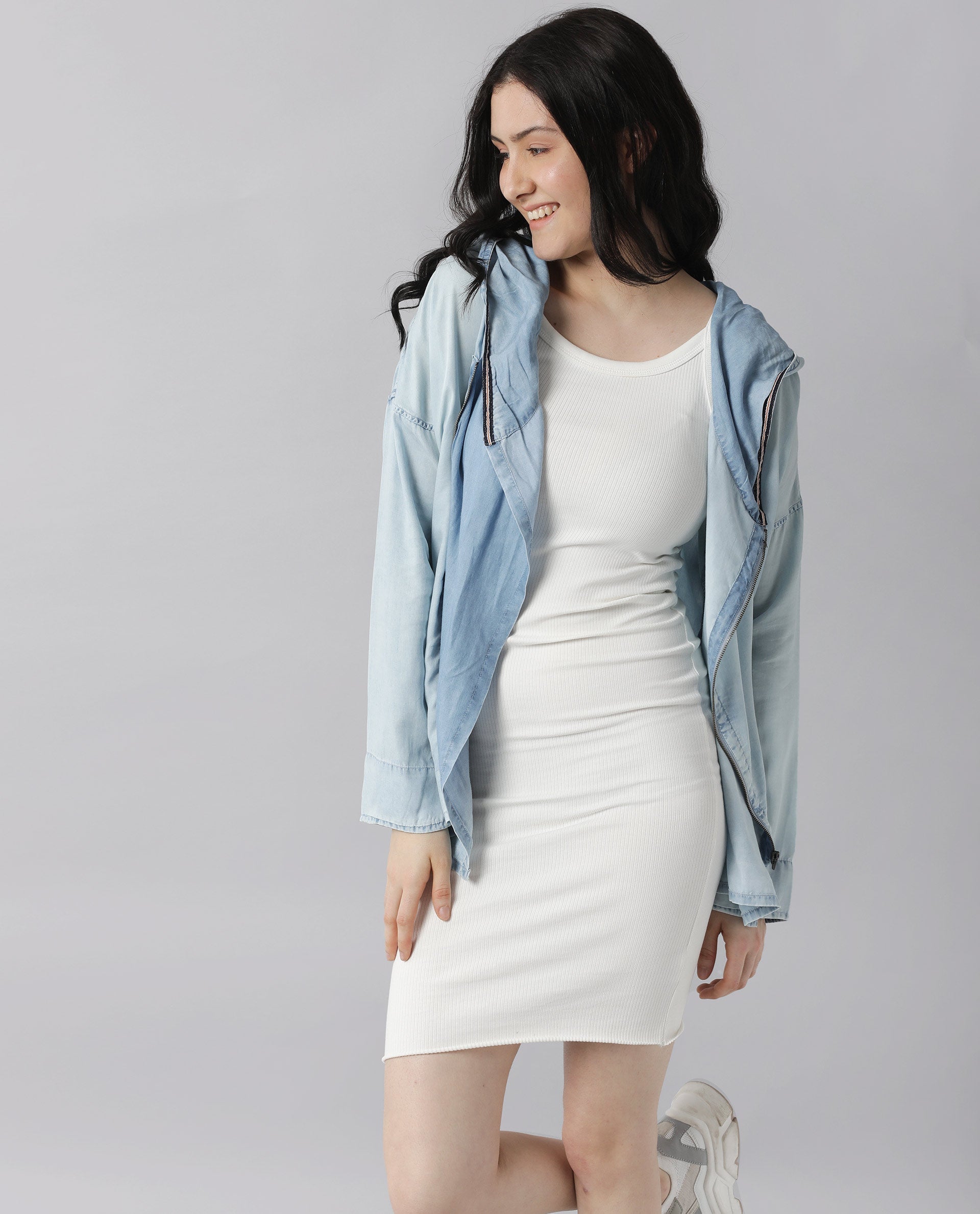 Rareism Womens Hemp Light Blue Hoodie Zipper Closure