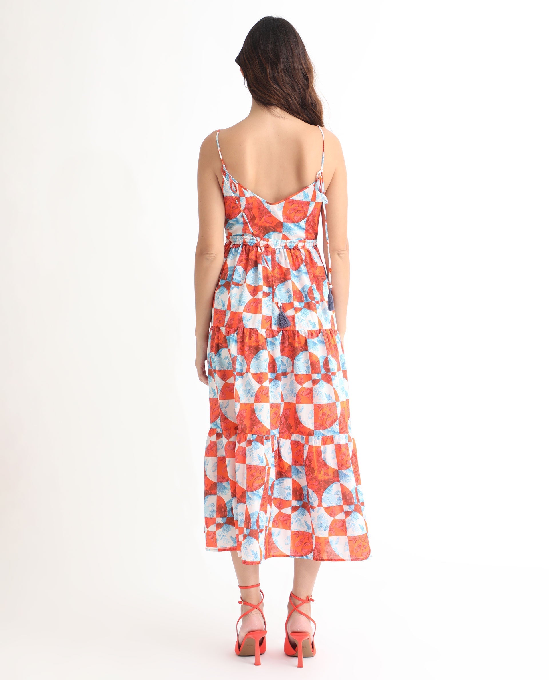 Rareism Women's Henderson Orange Cotton V-Neck Abstract Print Shoulder Strap Maxi Regular Fit Dress