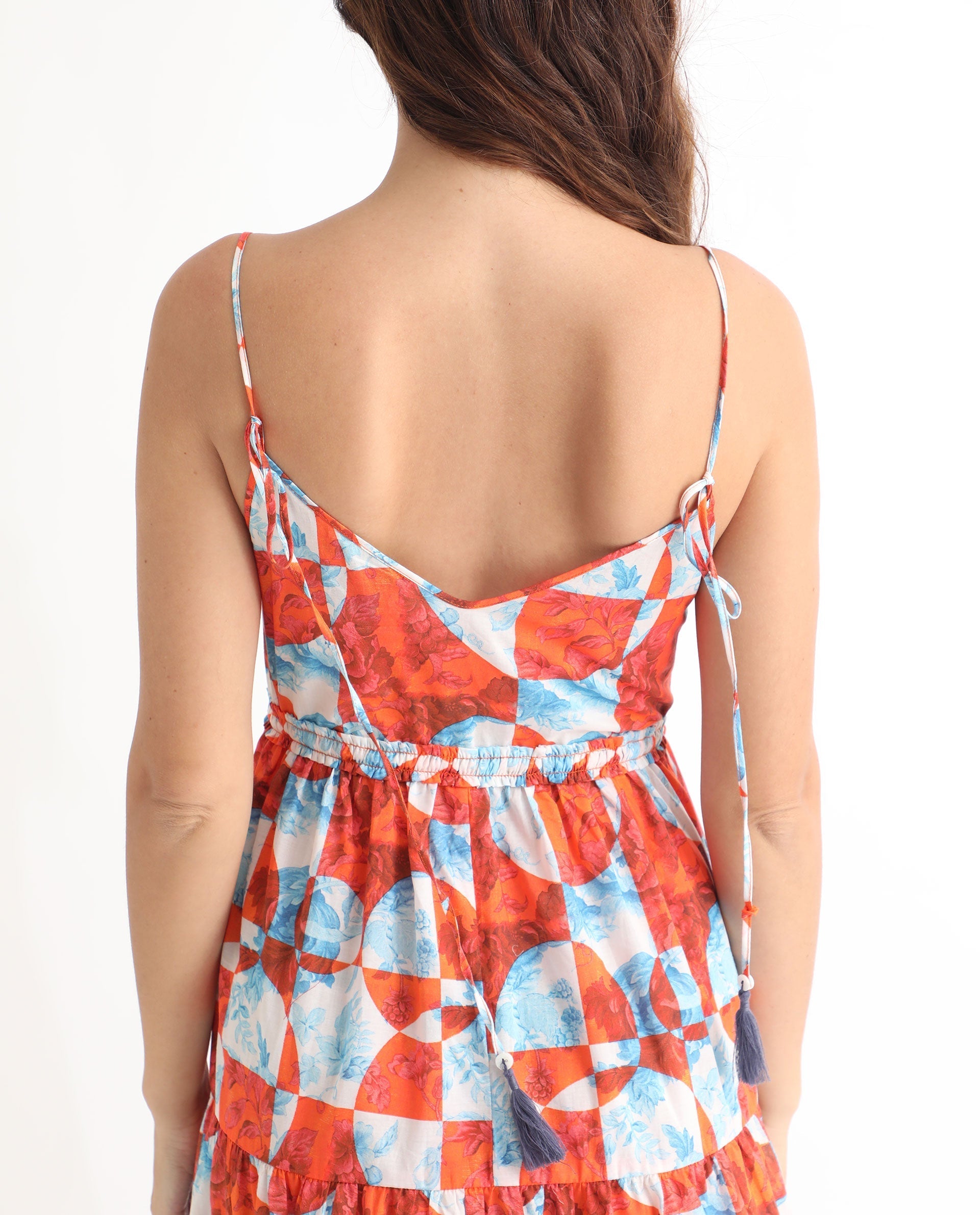 Rareism Women's Henderson Orange Cotton V-Neck Abstract Print Shoulder Strap Maxi Regular Fit Dress