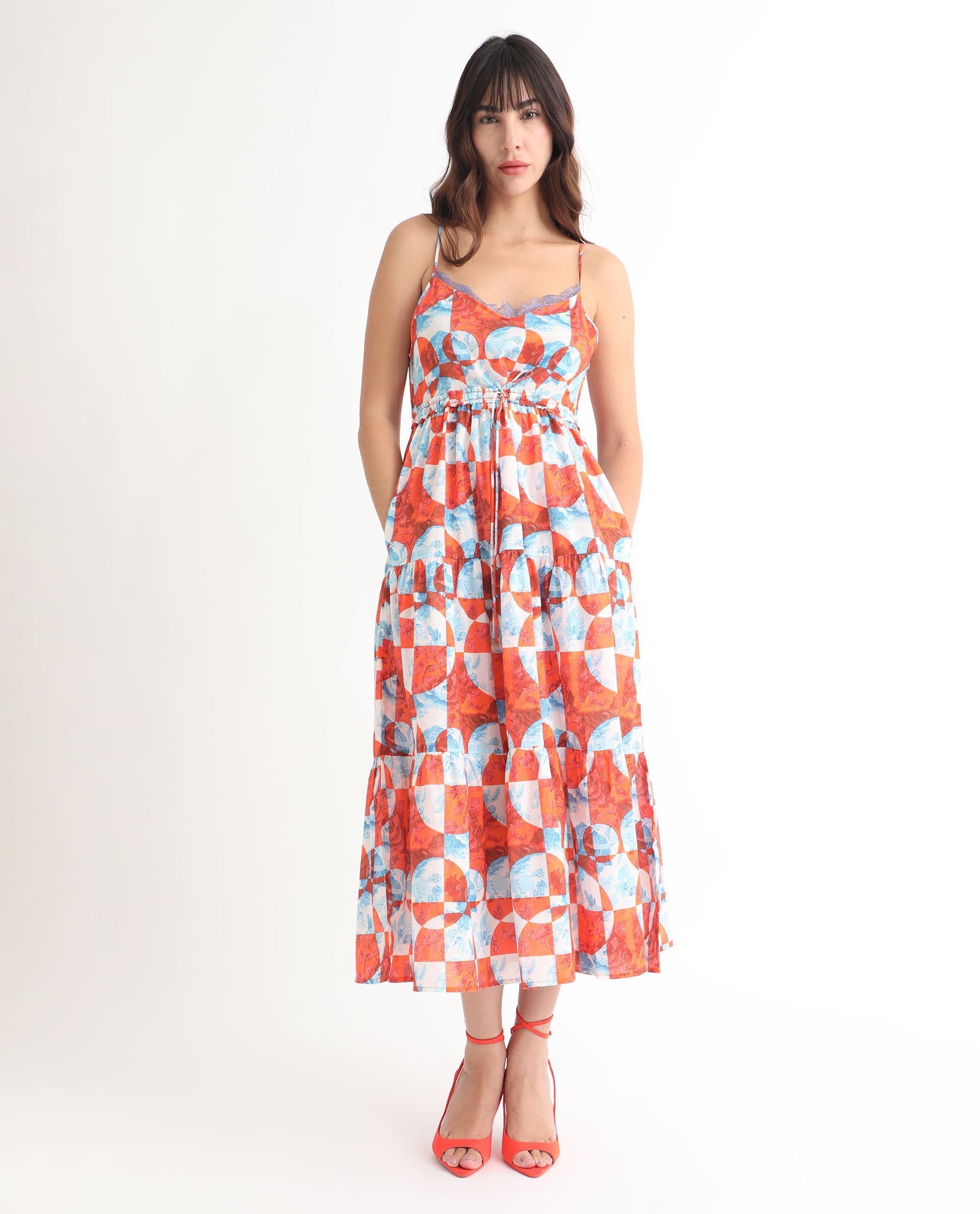 Rareism Women's Henderson Orange Cotton V-Neck Abstract Print Shoulder Strap Maxi Regular Fit Dress