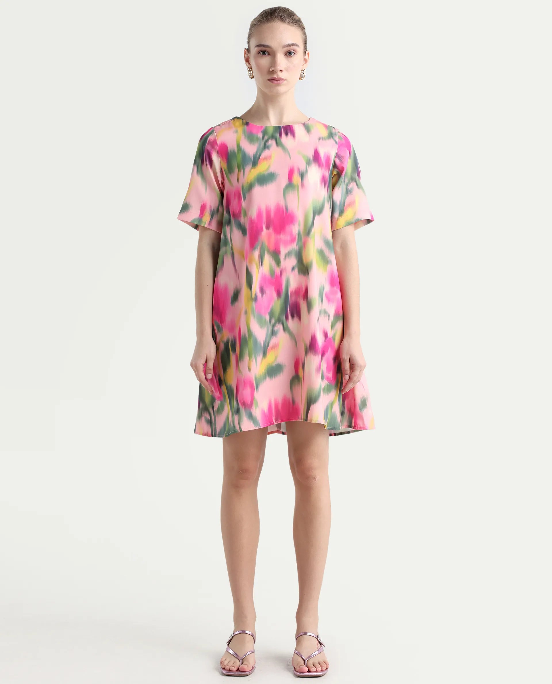 Rareism Women's Henkim Multi Polyester Blend Crew Neck Floral Print Mini A-Line Dress