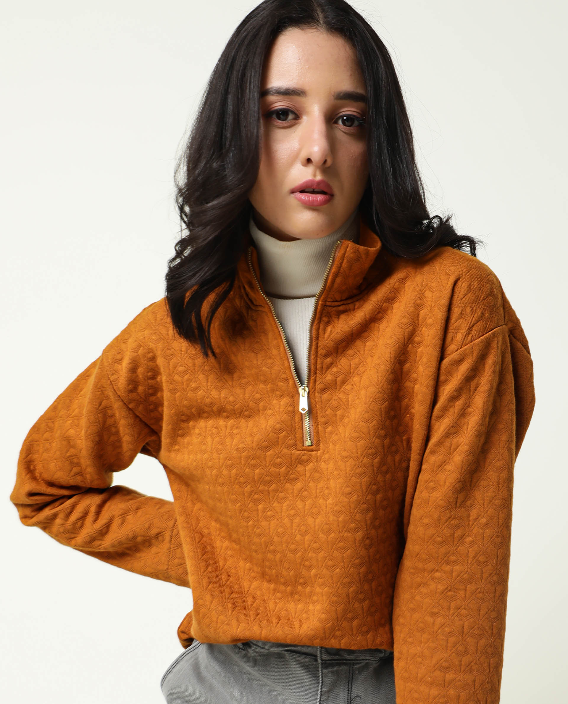 Rareism Women Bozo Dark Rust Regular Fit Full Sleeves Textured High Neck Sweatshirt