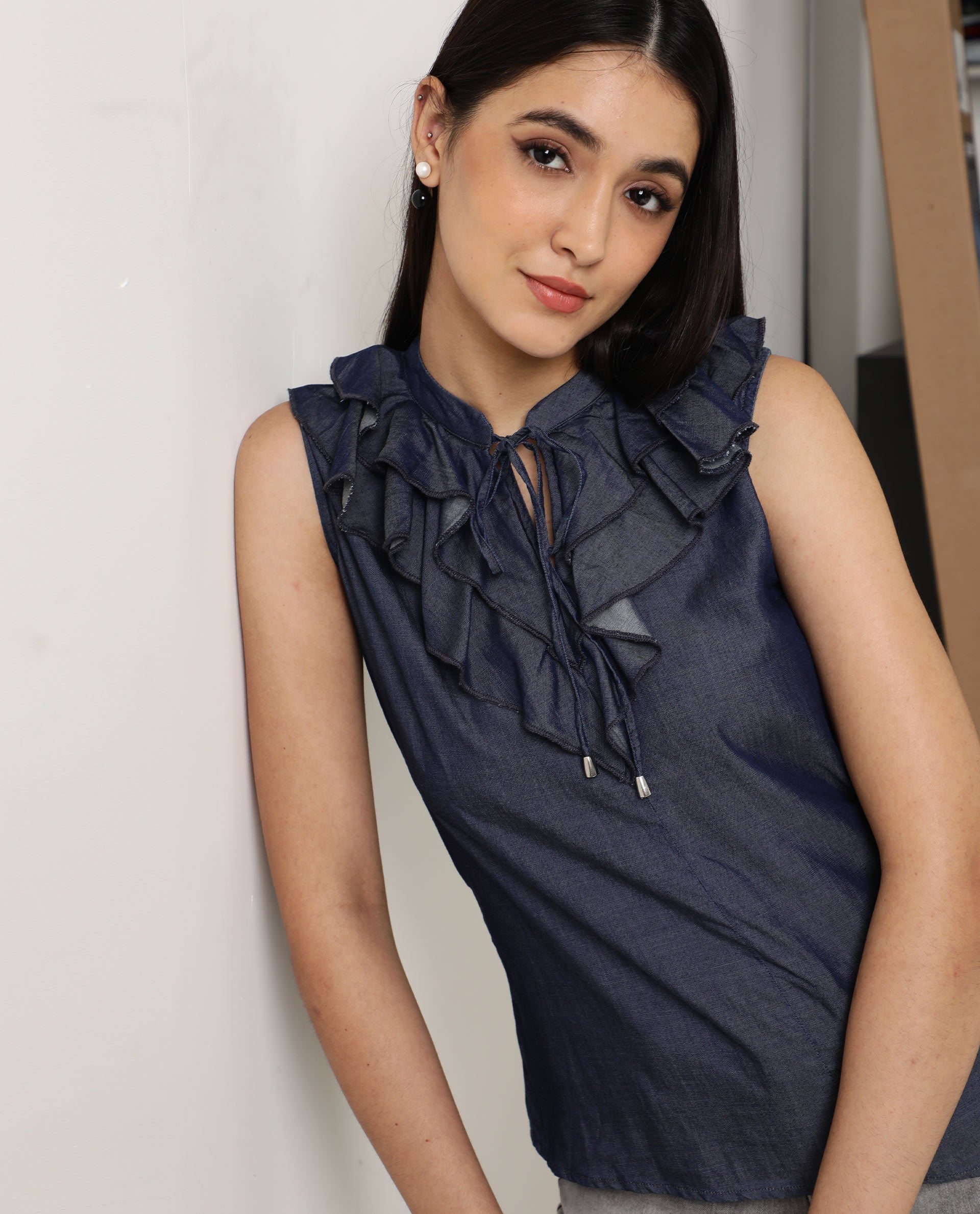 Rareism Women's Cage Navy Tencel Key Hole Neck Plain Sleeveless Tailored Top