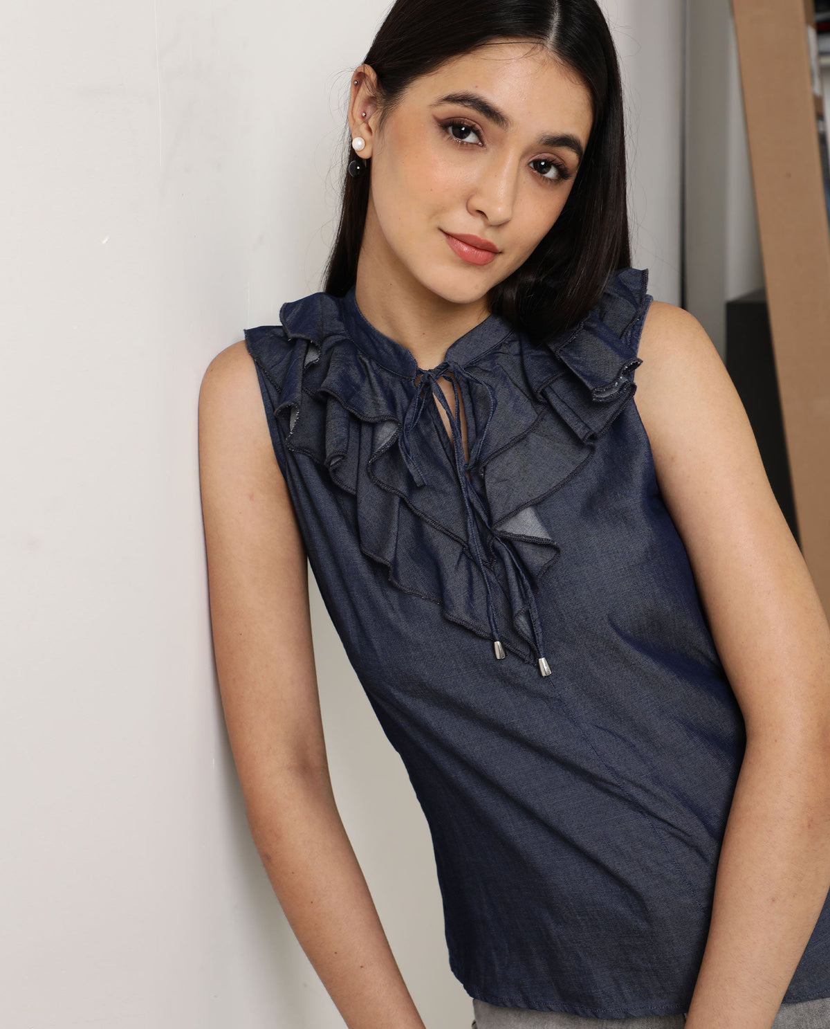 Rareism Women Cage Navy Tencel Fabric Tailored Fit Key Hole Neck Sleeveless Solid Top