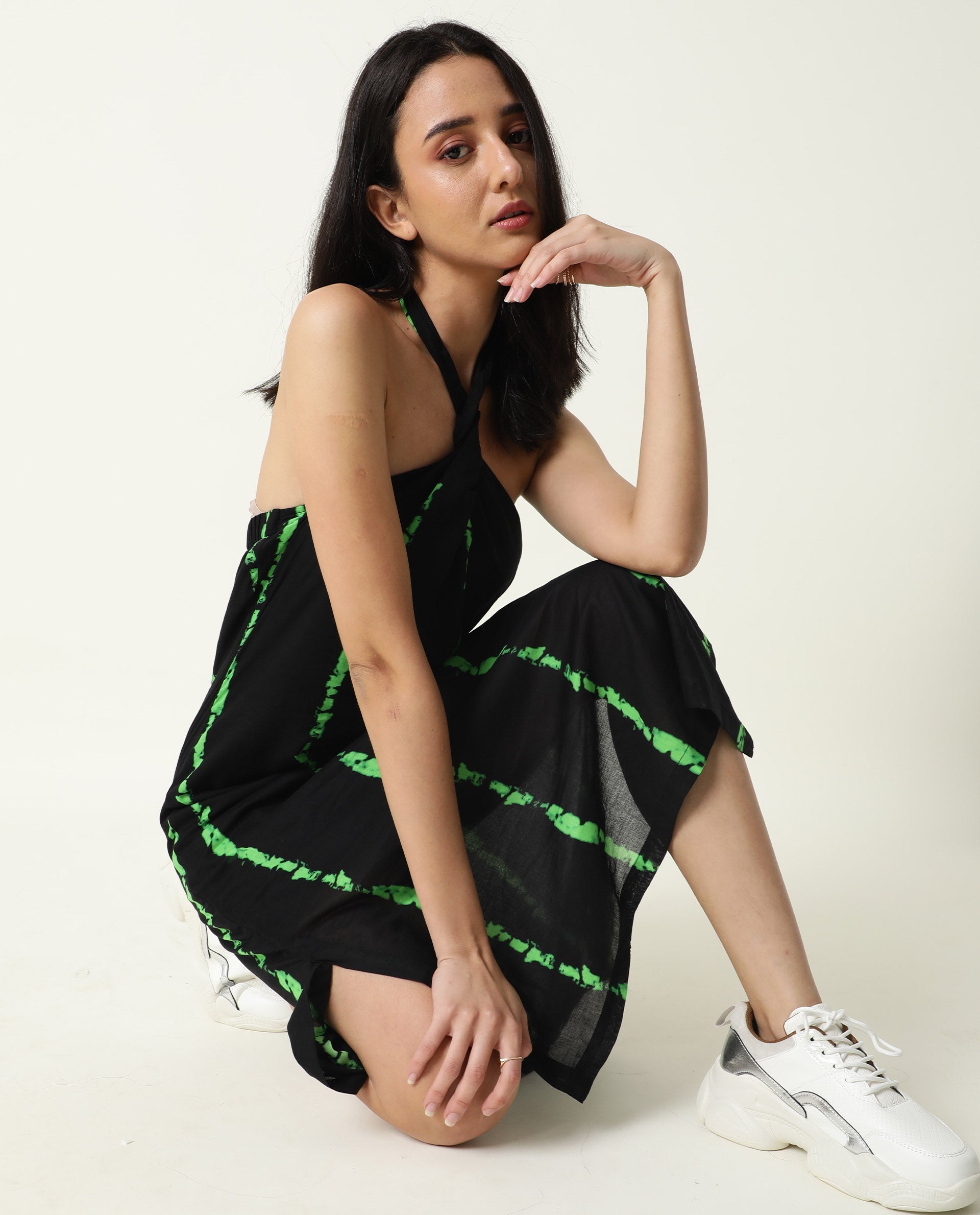 Rareism Women's Heron Black Cotton Halter Neck Abstract Print Sleeveless Knee Length Regular Fit Dress