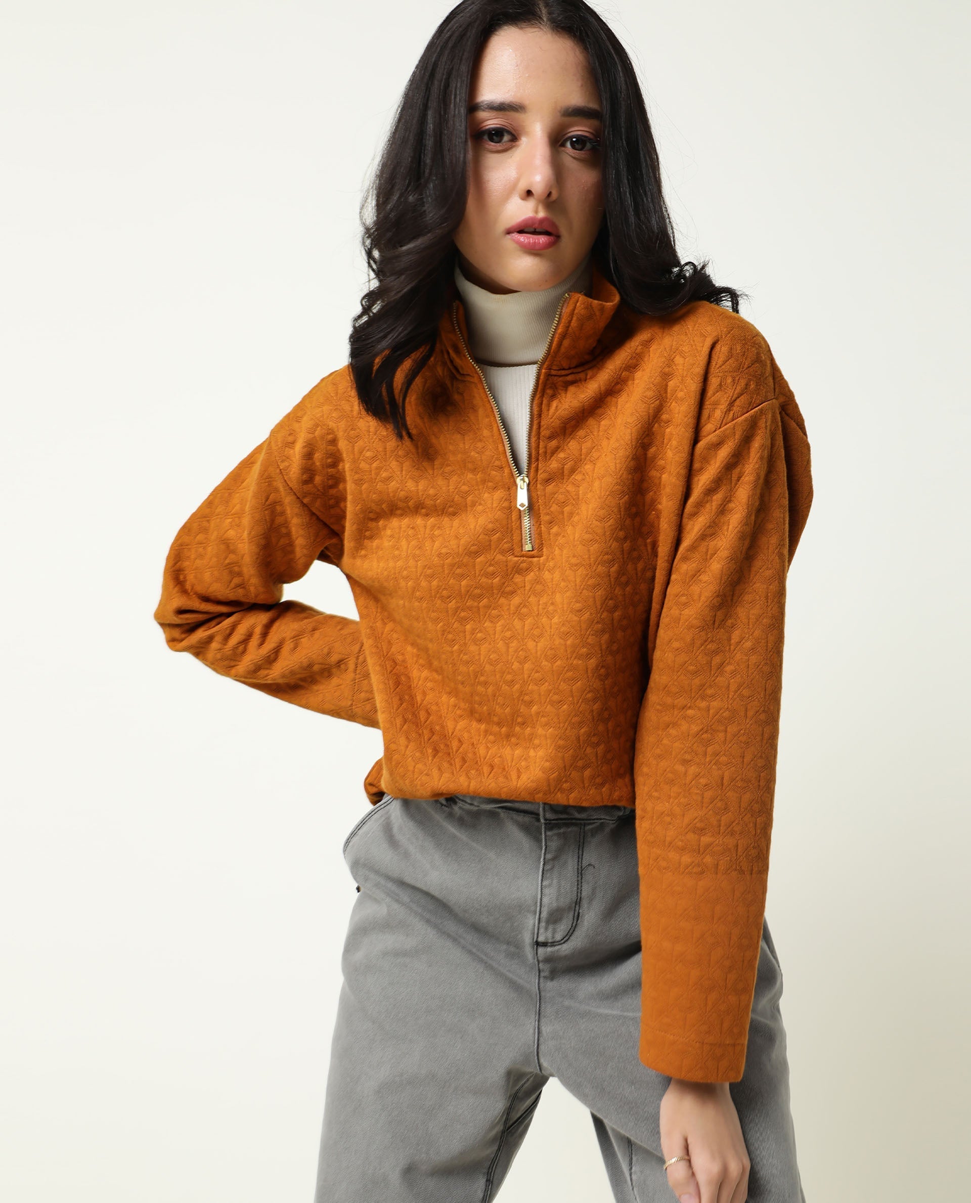 Rareism Women Bozo Dark Rust Regular Fit Full Sleeves Textured High Neck Sweatshirt