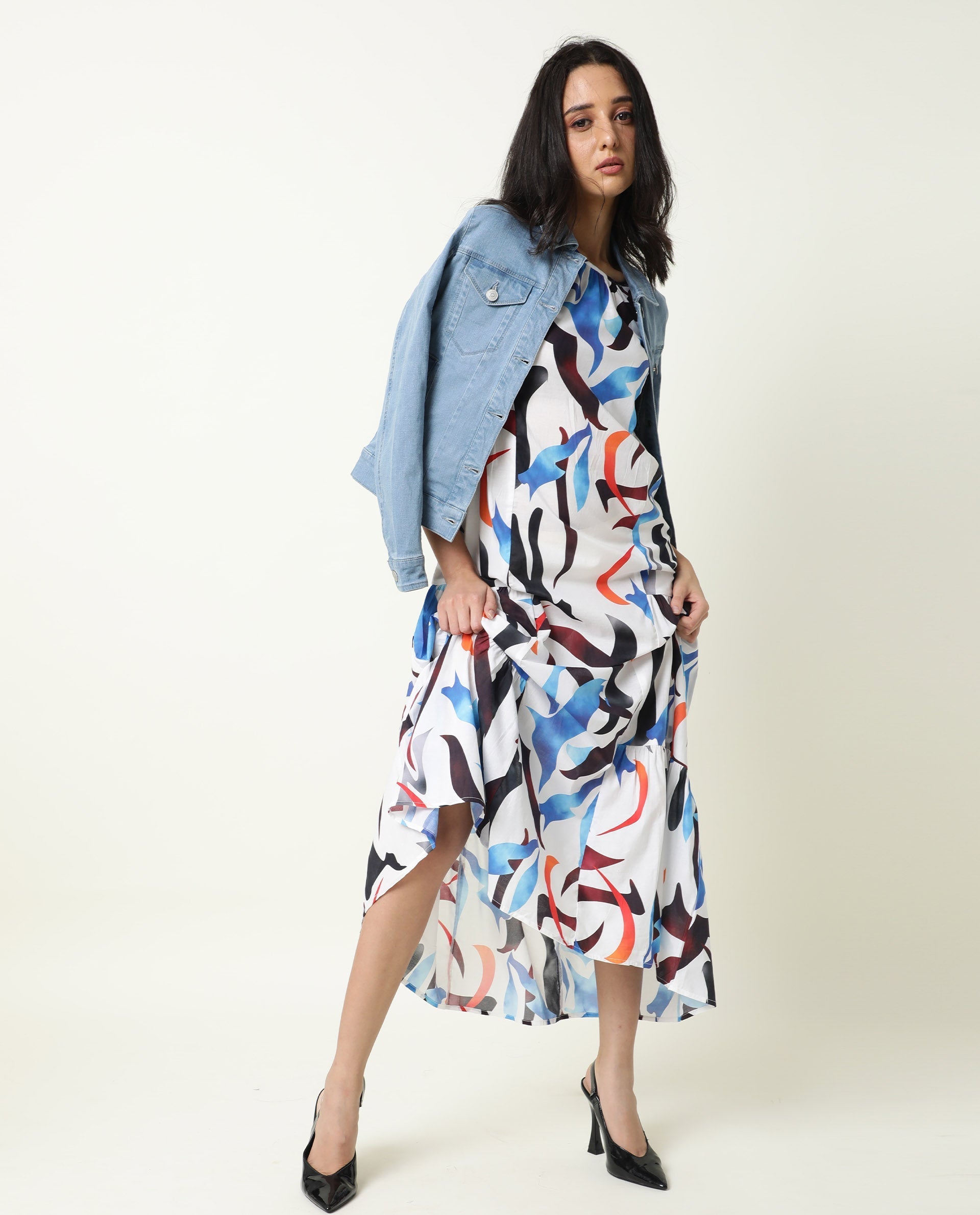 Rareism Women Europe White Abstract Boat Neck 3/4 Sleeves Tiered Maxi Dress