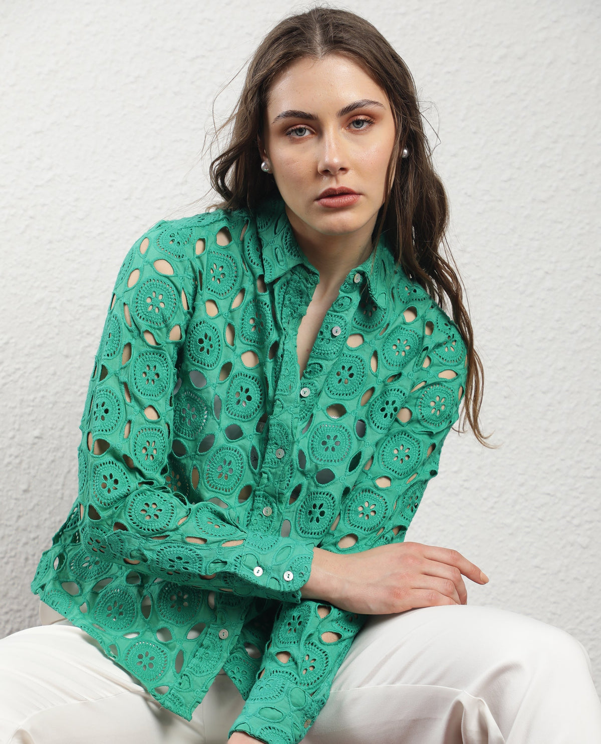 Rareism Women Olivia Green Top Cotton Fabric Full Sleeves Solid