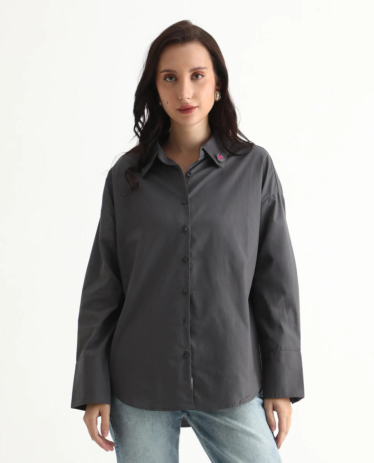 Rareism Women's Hertene Grey Cotton Drop Collar Plain Cuffed Sleeve Boxy Fit Shirt