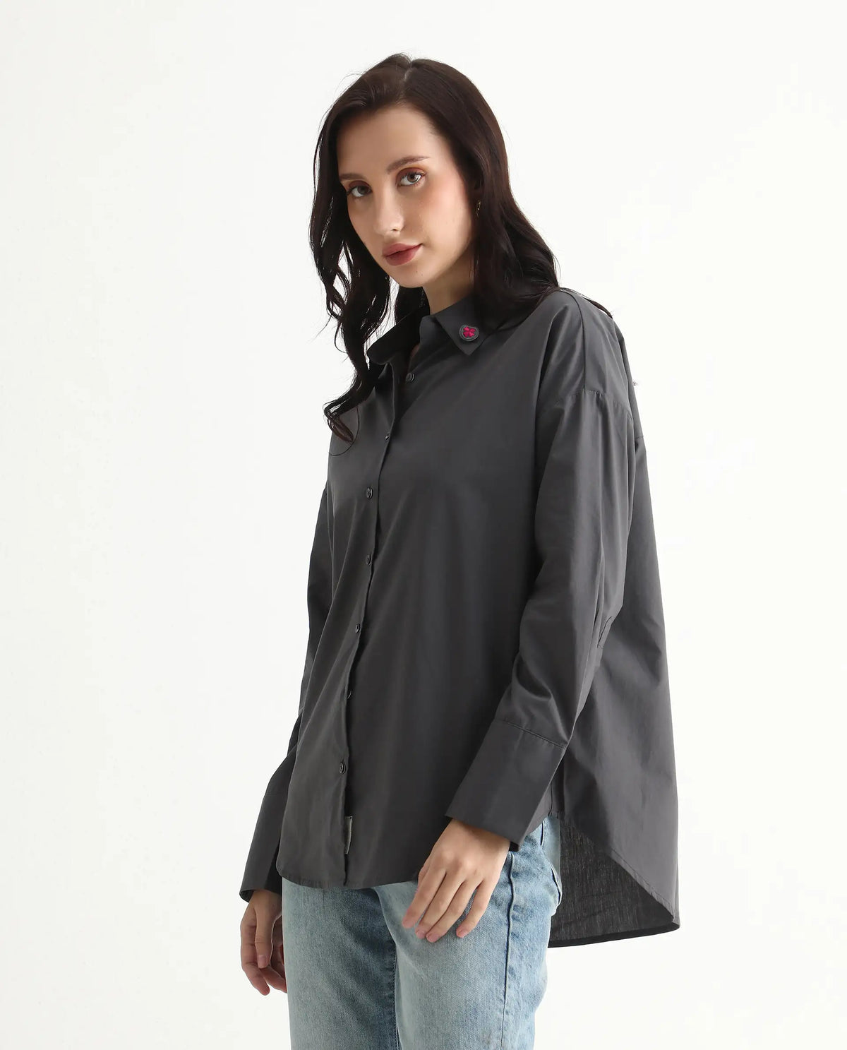 Rareism Women's Hertene Grey Cotton Drop Collar Plain Cuffed Sleeve Boxy Fit Shirt