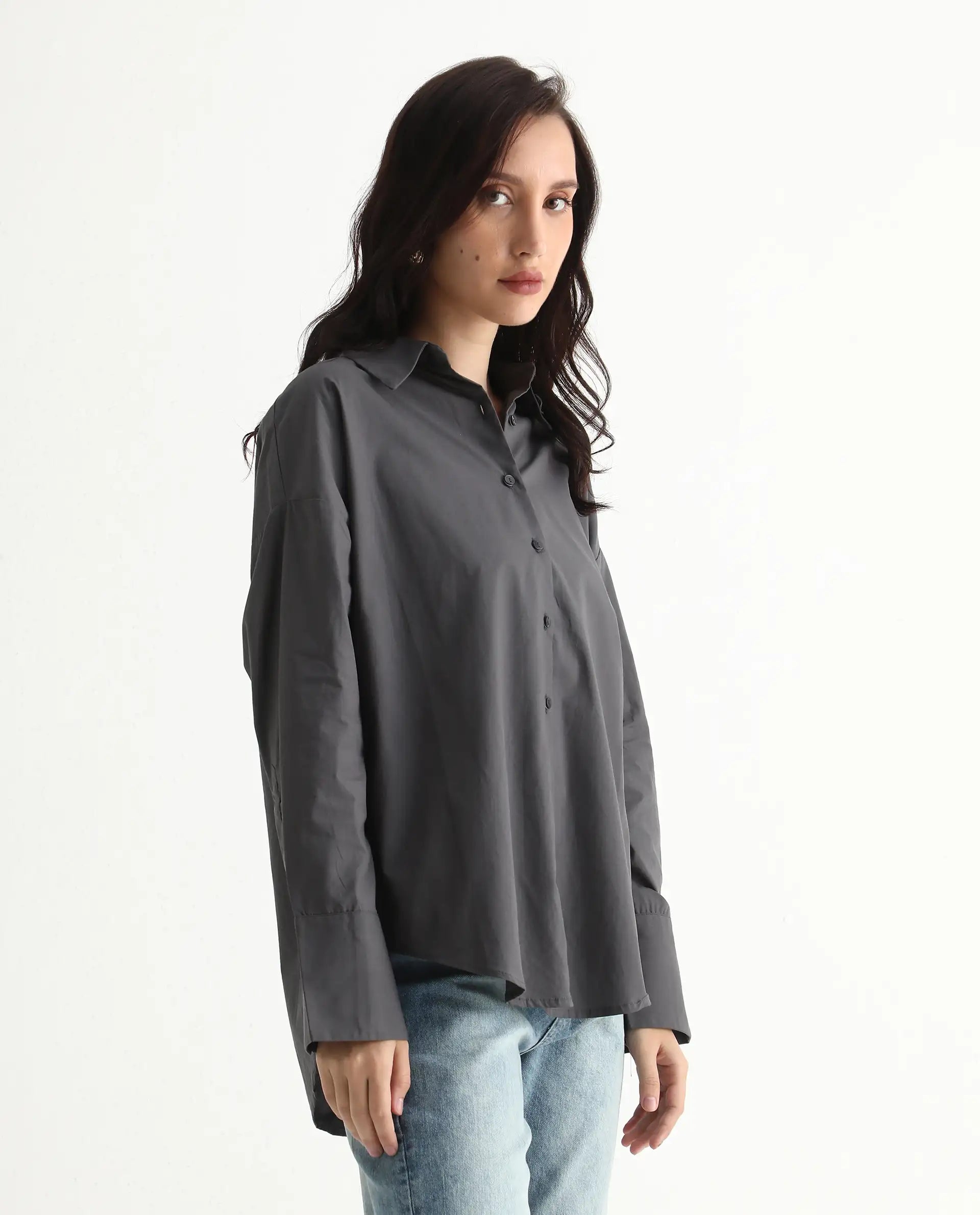 Rareism Women's Hertene Grey Cotton Drop Collar Plain Cuffed Sleeve Boxy Fit Shirt