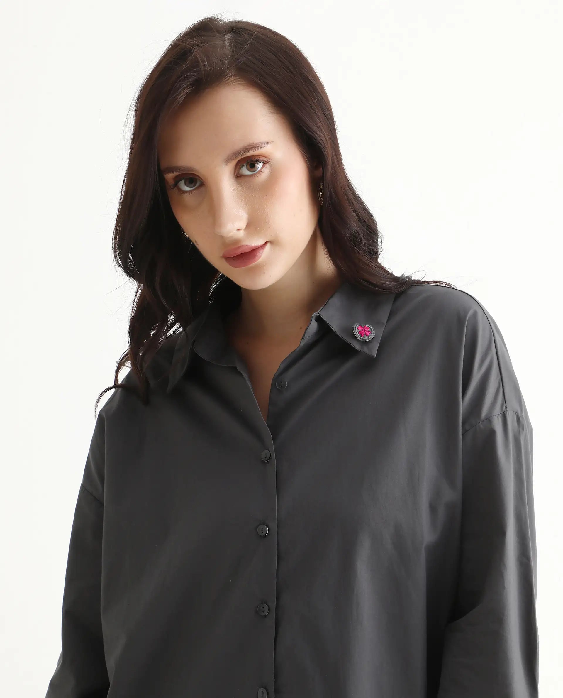 Rareism Women's Hertene Grey Cotton Drop Collar Plain Cuffed Sleeve Boxy Fit Shirt