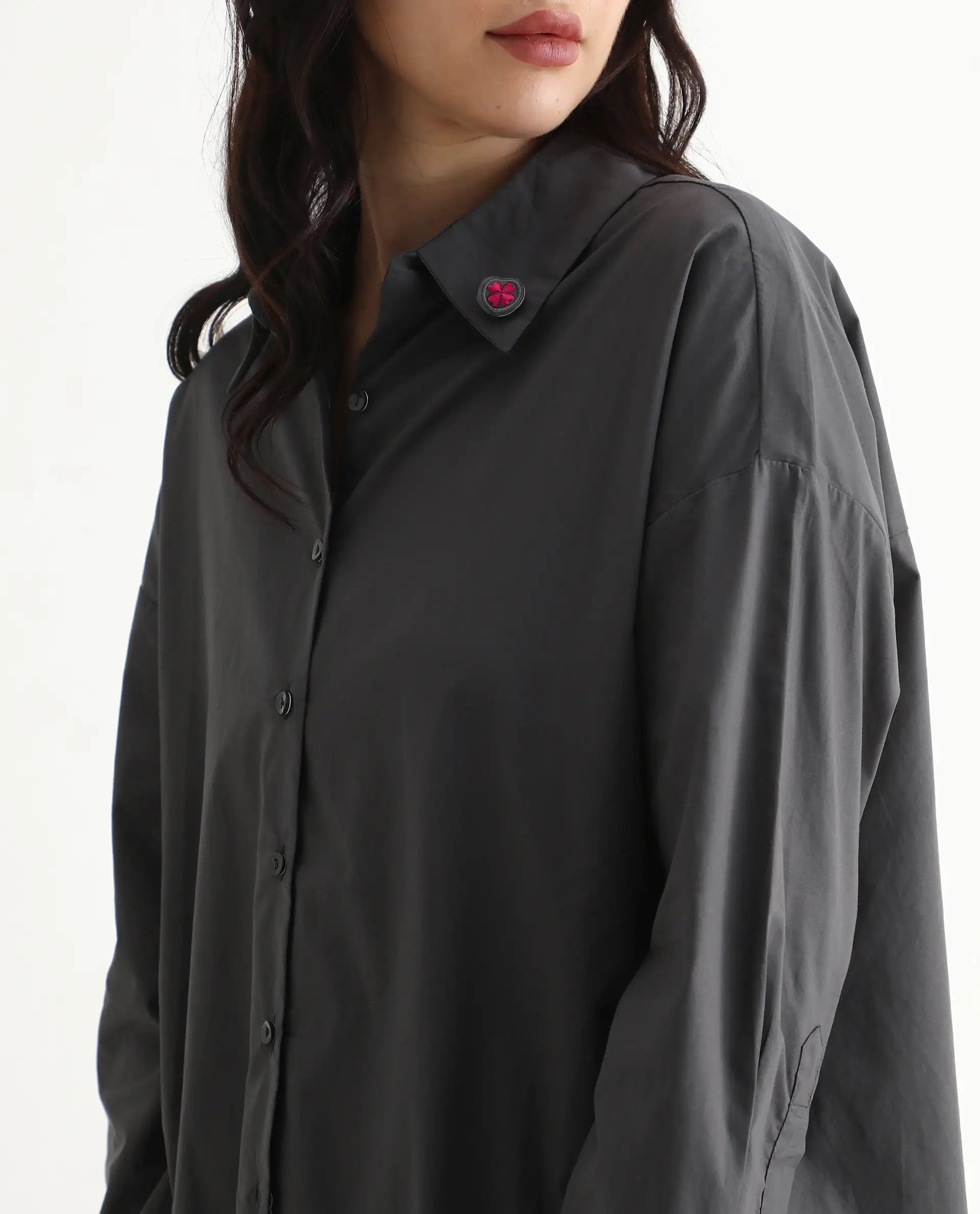 Rareism Women's Hertene Grey Cotton Drop Collar Plain Cuffed Sleeve Boxy Fit Shirt