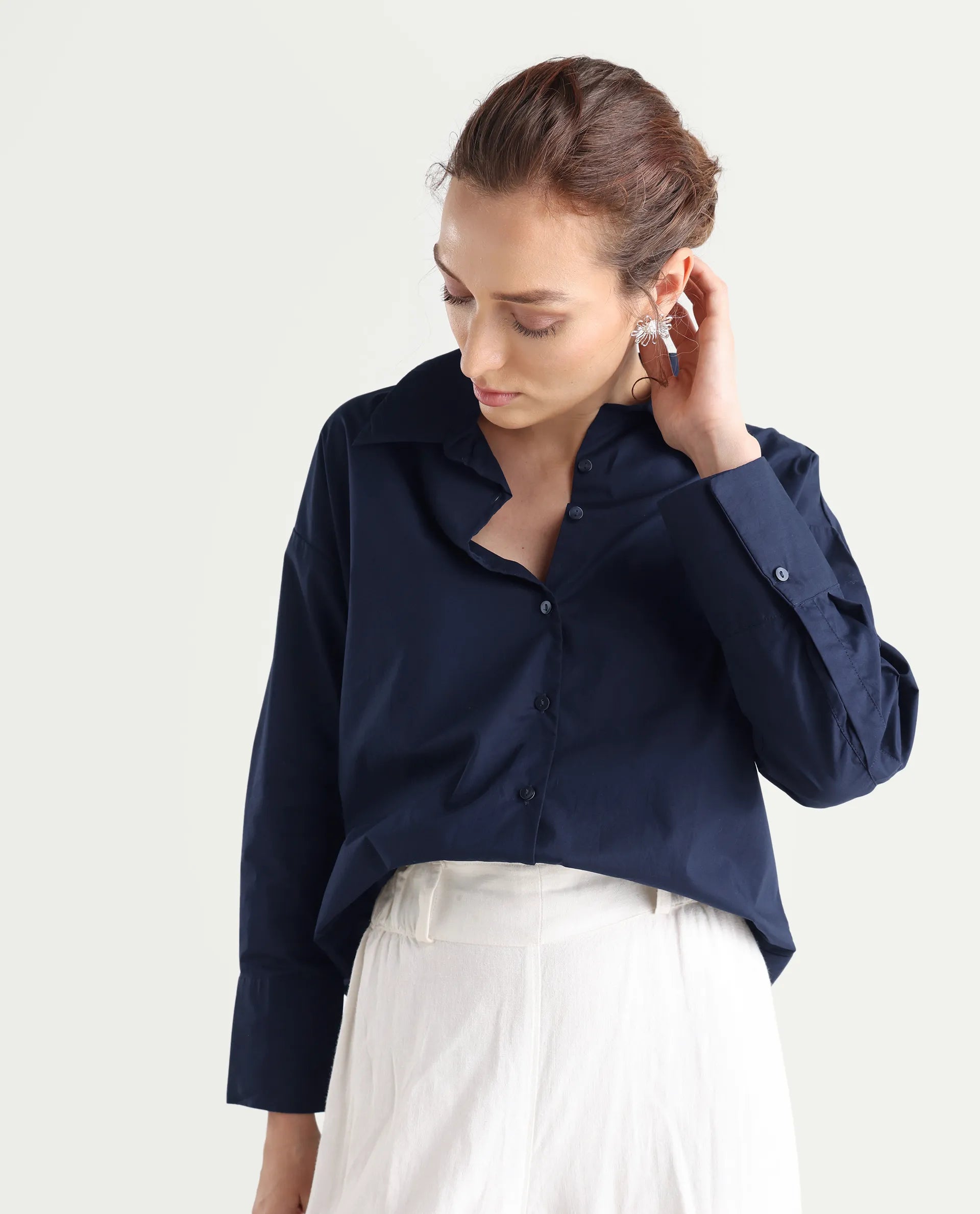 Rareism Women's Hertene Navy Cotton Drop Collar Plain Cuffed Sleeve Boxy Fit Shirt