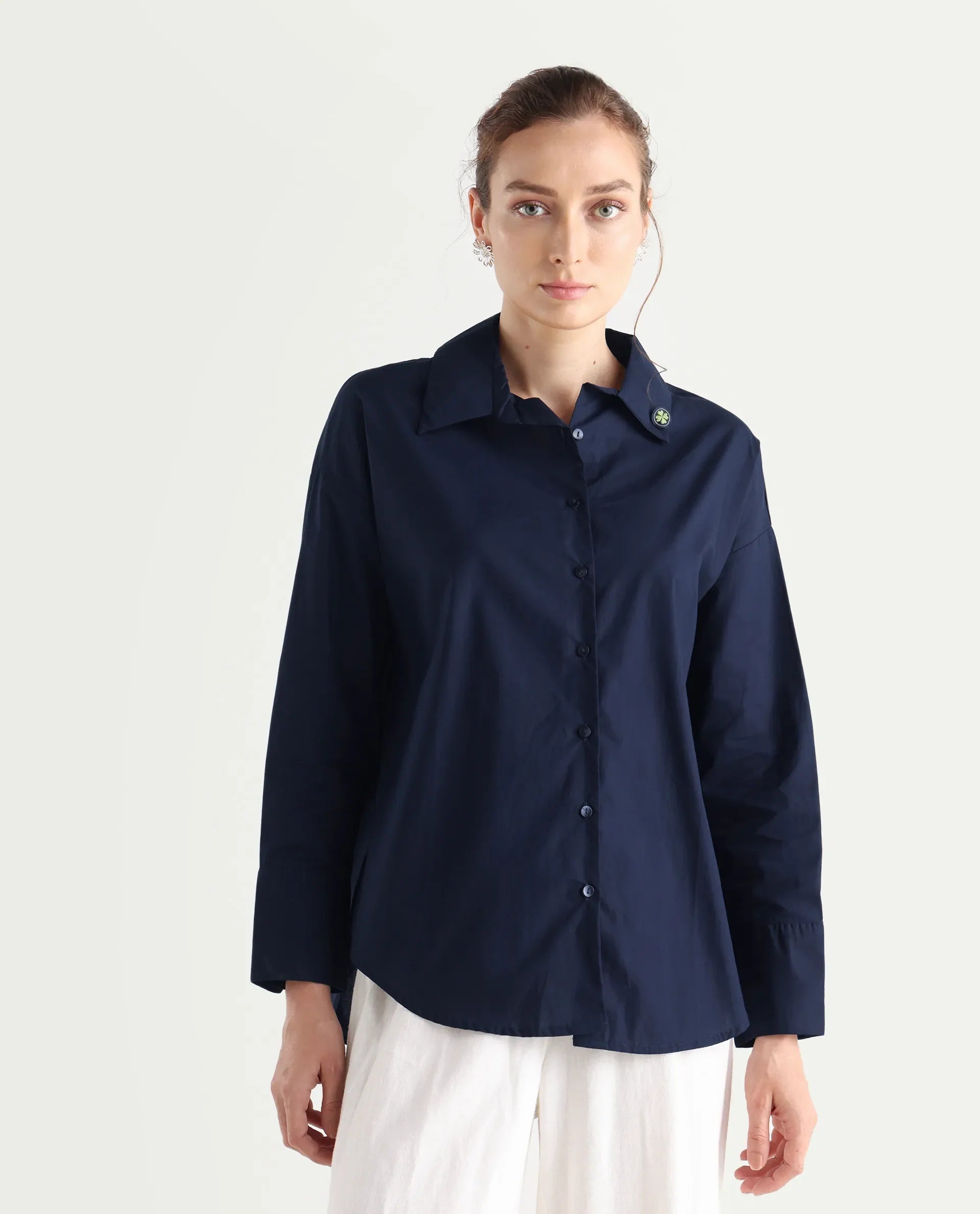 Rareism Women's Hertene Navy Cotton Drop Collar Plain Cuffed Sleeve Boxy Fit Shirt