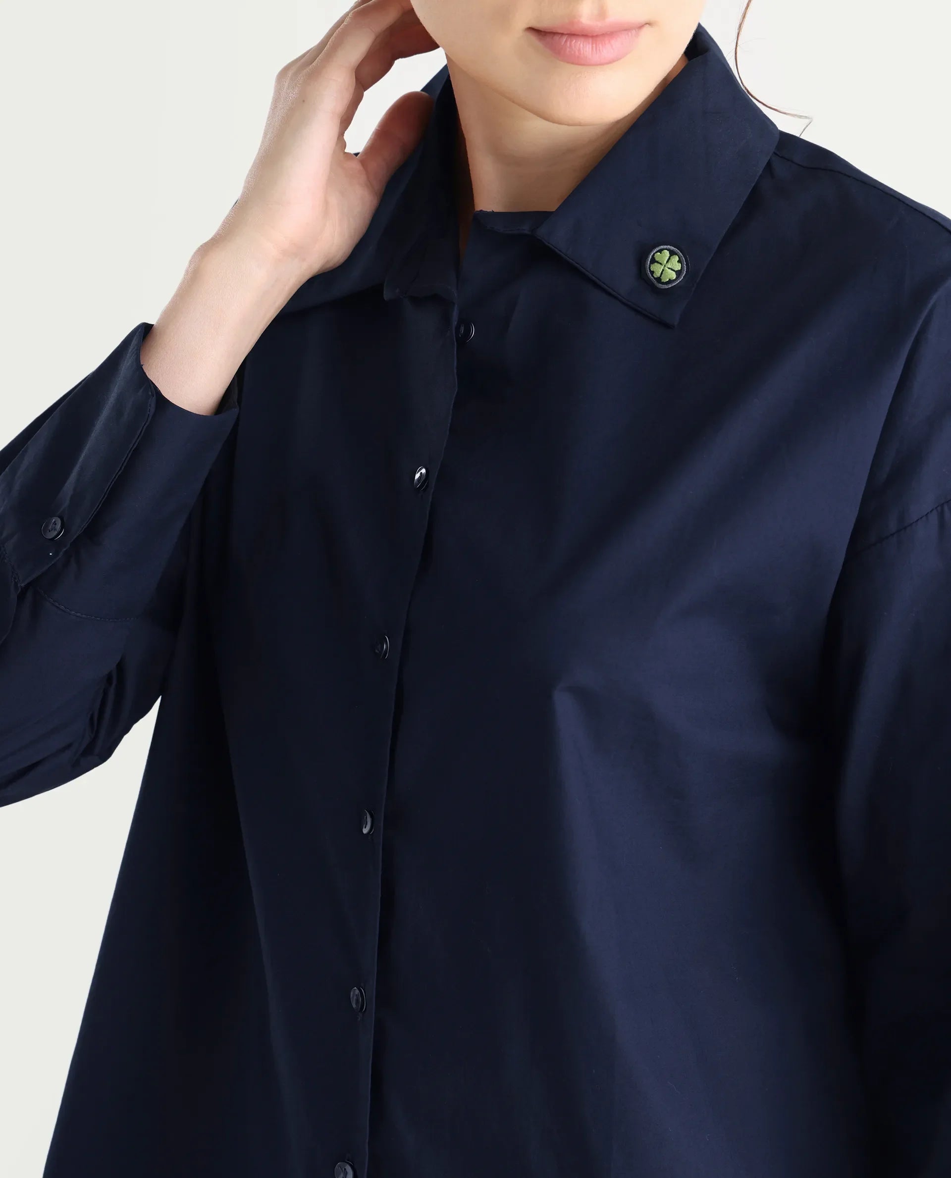 Rareism Women's Hertene Navy Cotton Drop Collar Plain Cuffed Sleeve Boxy Fit Shirt