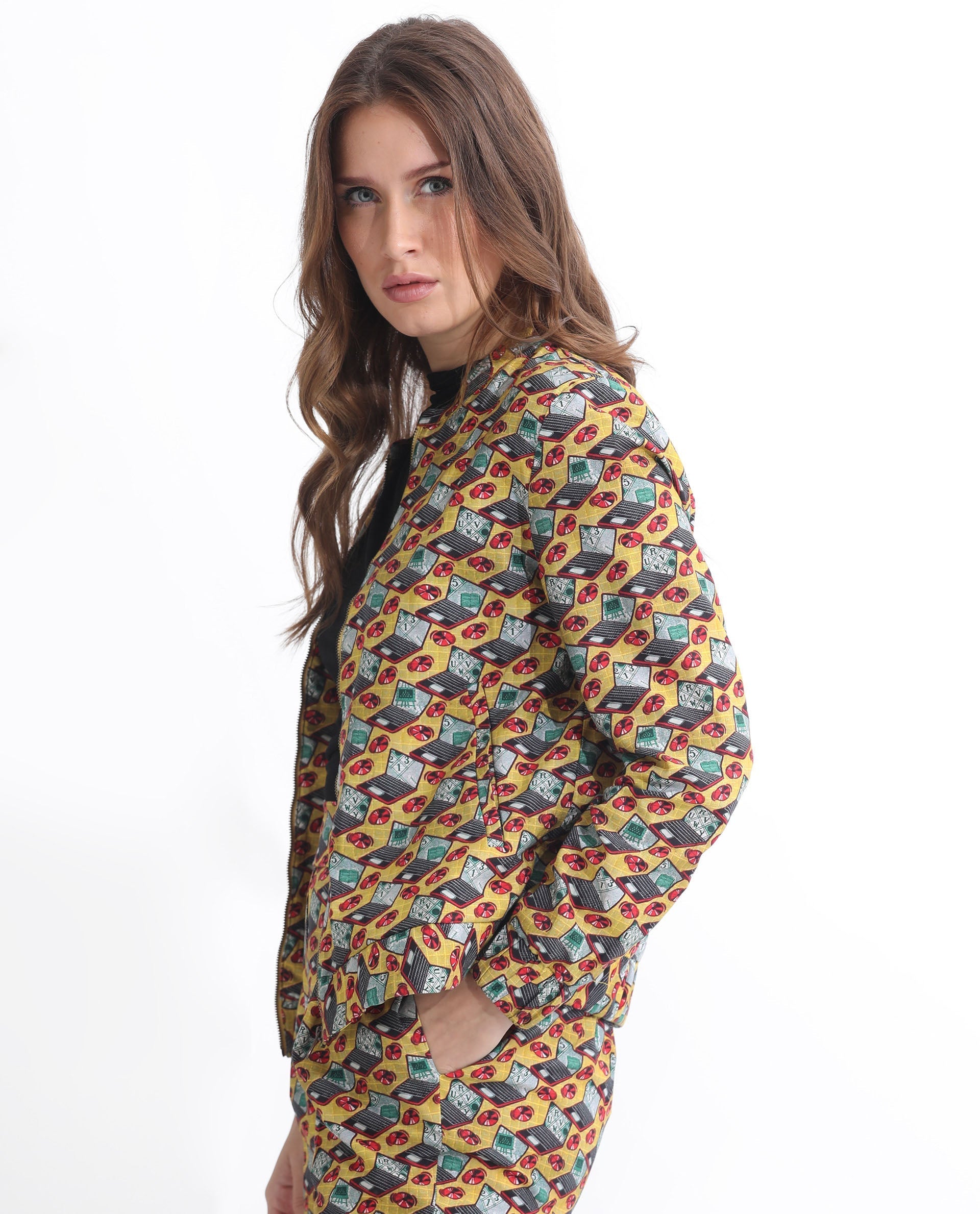 Rareism Women's Hertie-T Yellow Cotton Blend Mandarin Collar Geometric Print Regular Fit Jacket