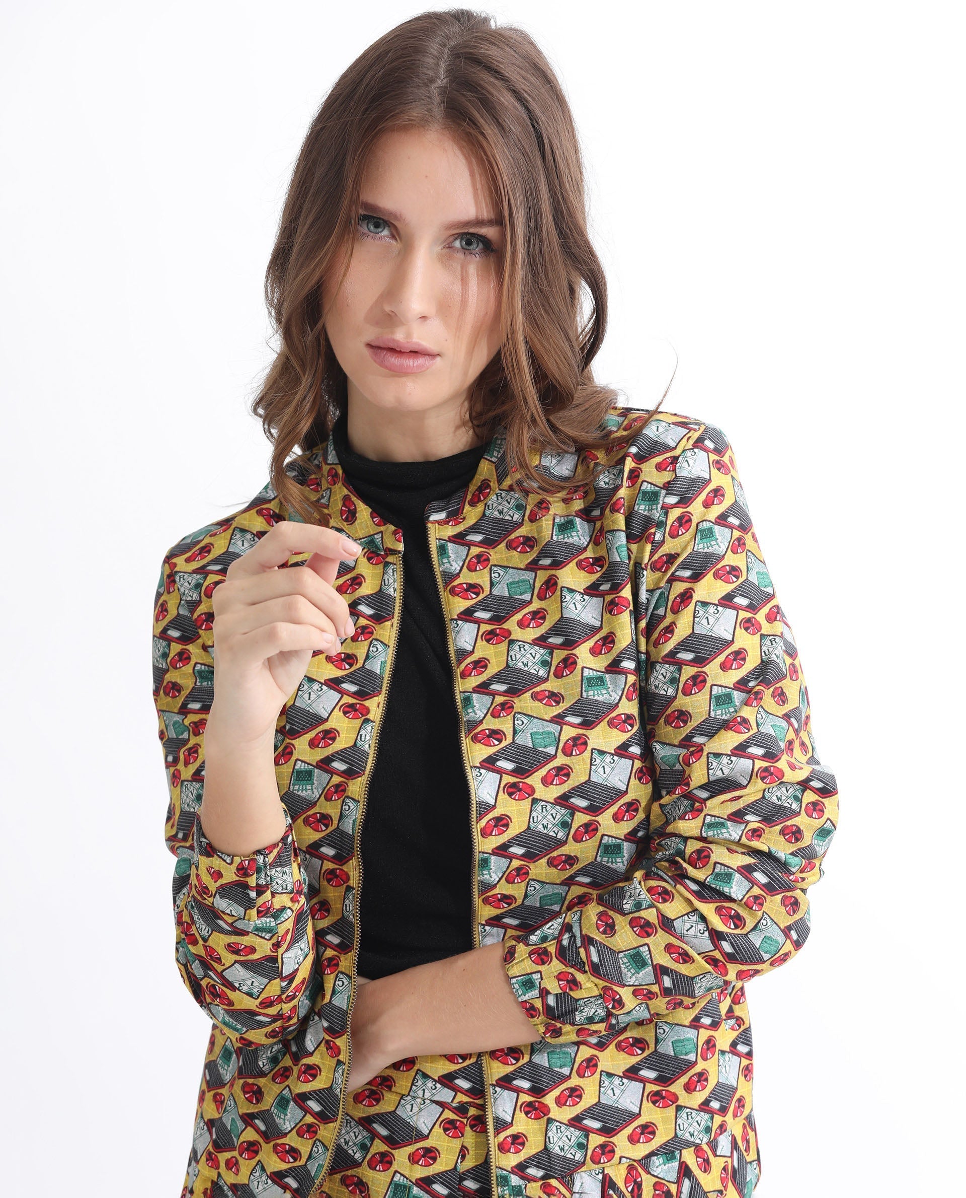 Rareism Women's Hertie-T Yellow Cotton Blend Mandarin Collar Geometric Print Regular Fit Jacket