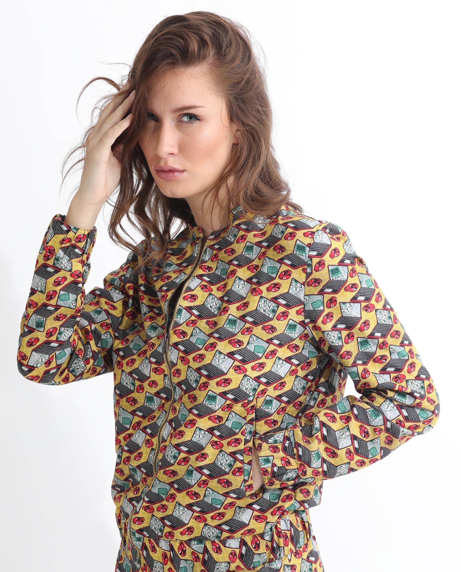 Rareism Women's Hertie-T Yellow Cotton Blend Mandarin Collar Geometric Print Regular Fit Jacket