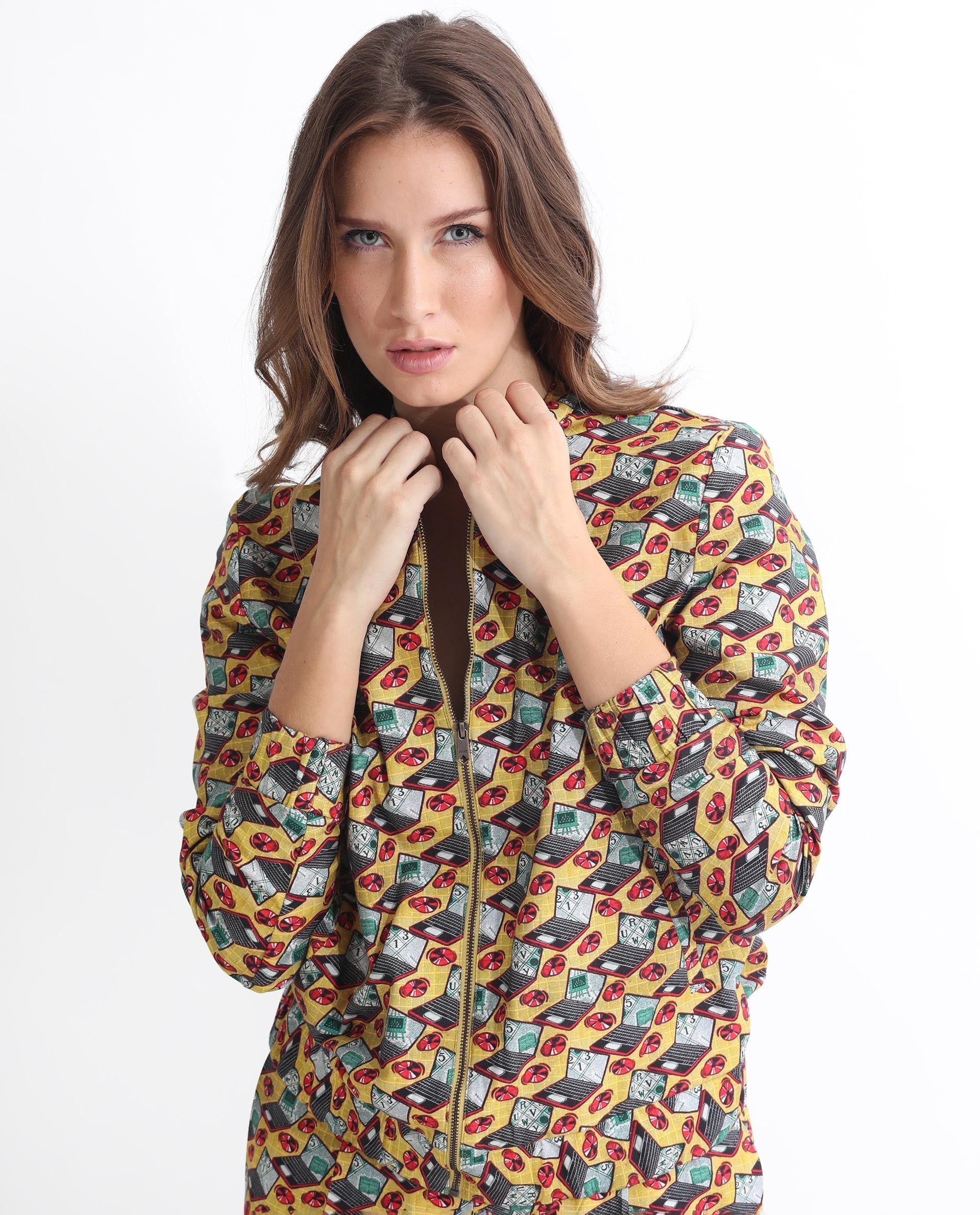 Rareism Women's Hertie-T Yellow Cotton Blend Mandarin Collar Geometric Print Regular Fit Jacket