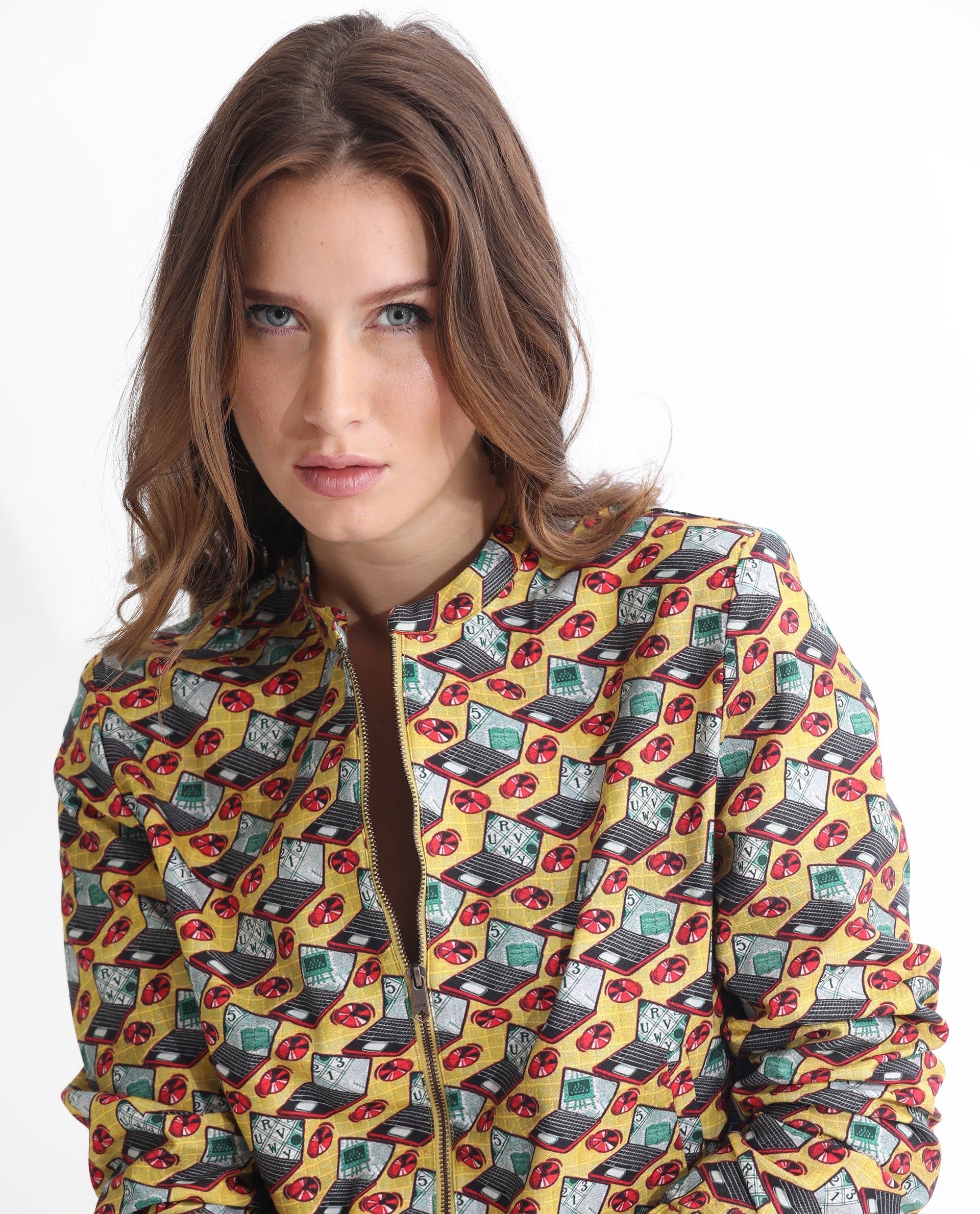 Rareism Women's Hertie-T Yellow Cotton Blend Mandarin Collar Geometric Print Regular Fit Jacket