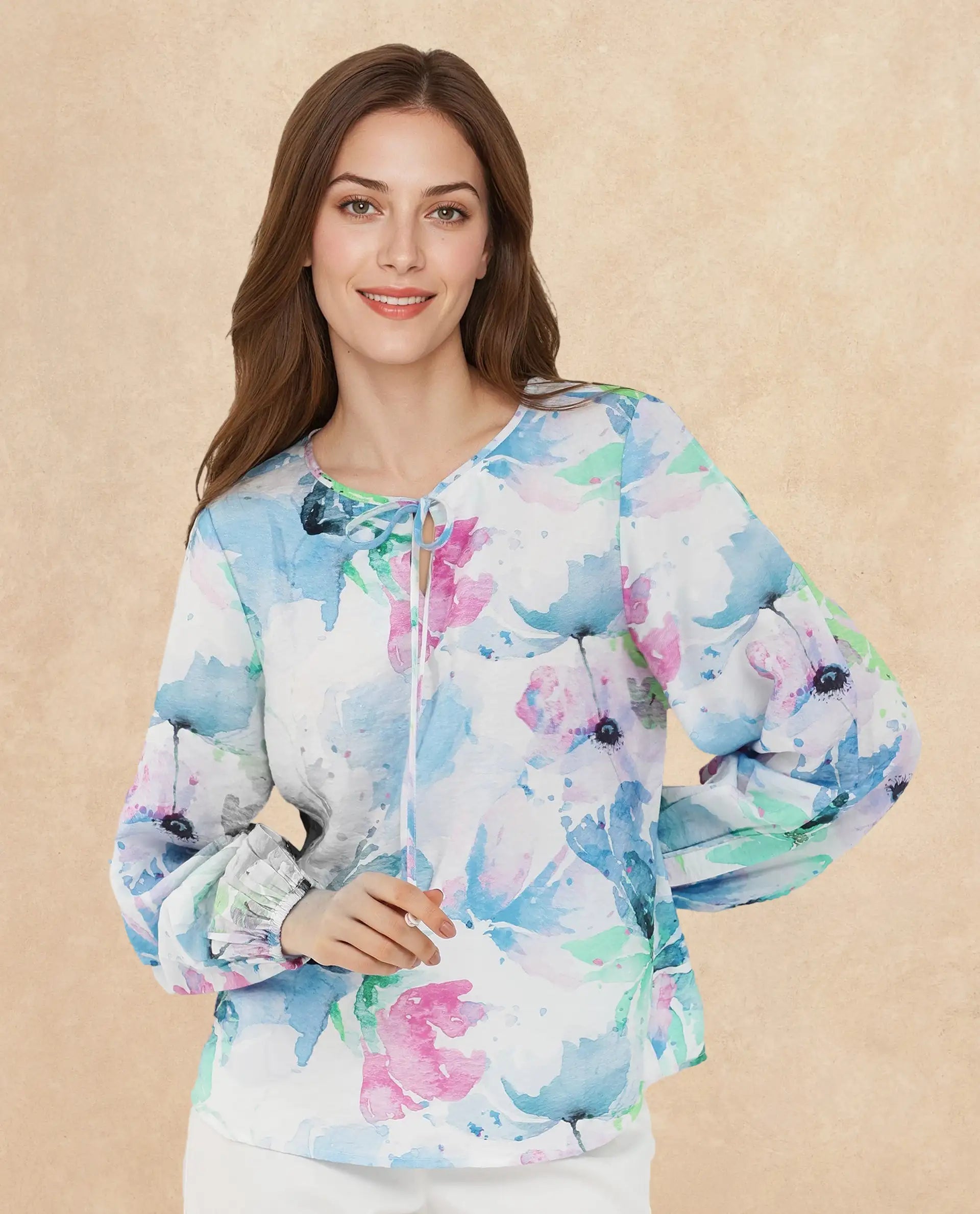 Rareism Women's Hestero Light Multi Nylon Blend Tie-Up Neck Floral Print Bishop Sleeve Regular Fit Top