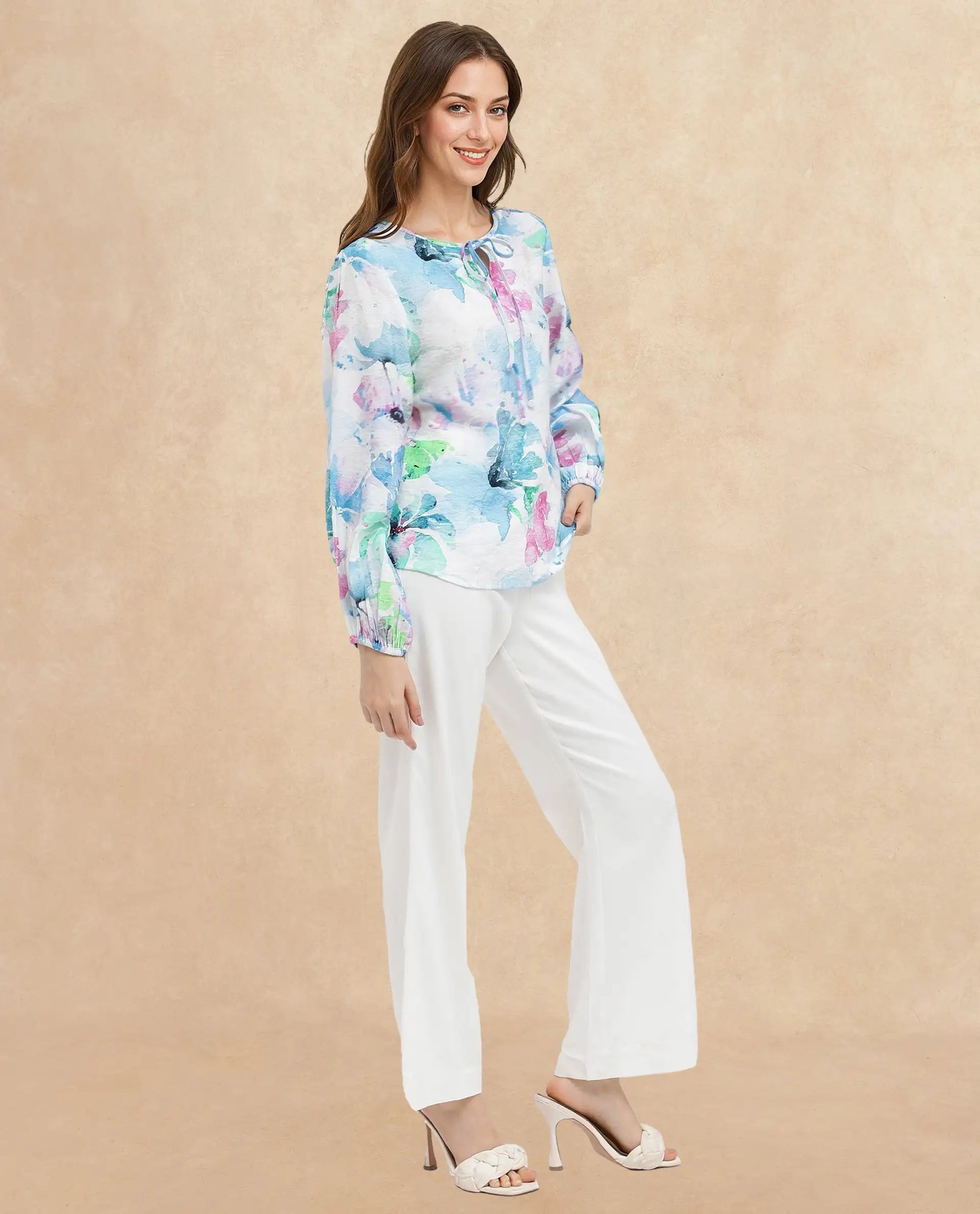 Rareism Women's Hestero Light Multi Nylon Blend Tie-Up Neck Floral Print Bishop Sleeve Regular Fit Top