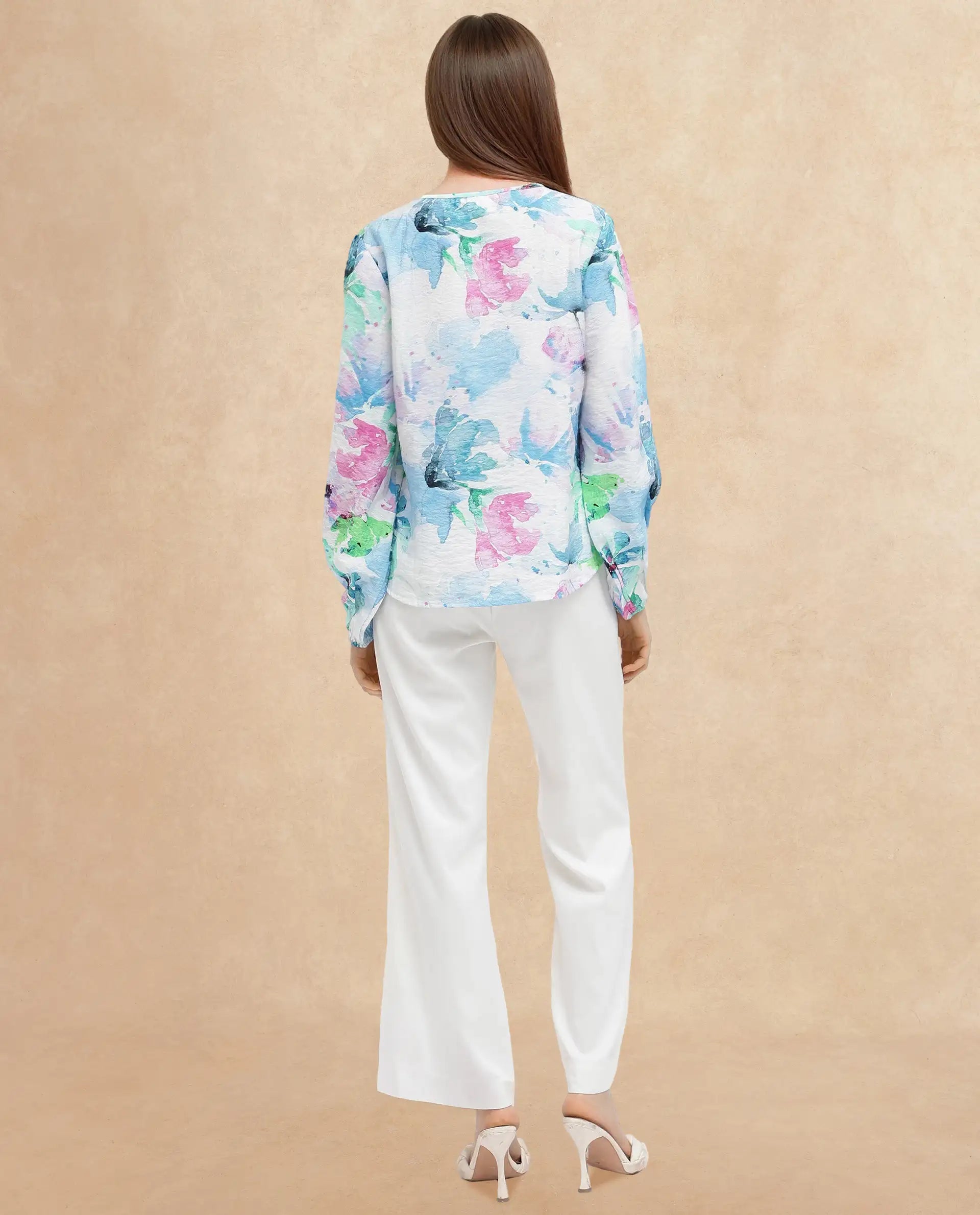 Rareism Women's Hestero Light Multi Nylon Blend Tie-Up Neck Floral Print Bishop Sleeve Regular Fit Top