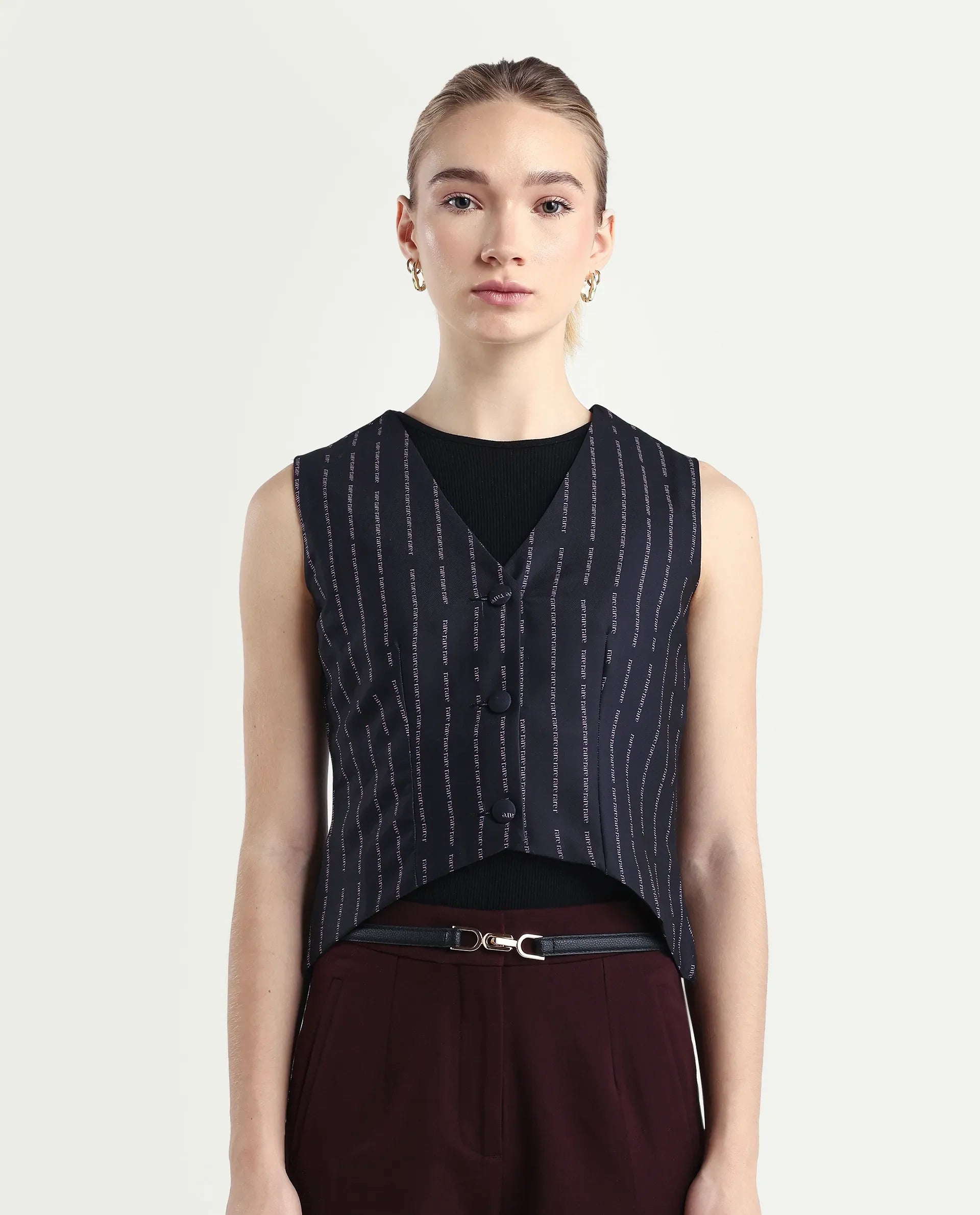 Rareism Women's Hicker Black Polyester V-Neck Striped Sleeveless Regular Fitted Top