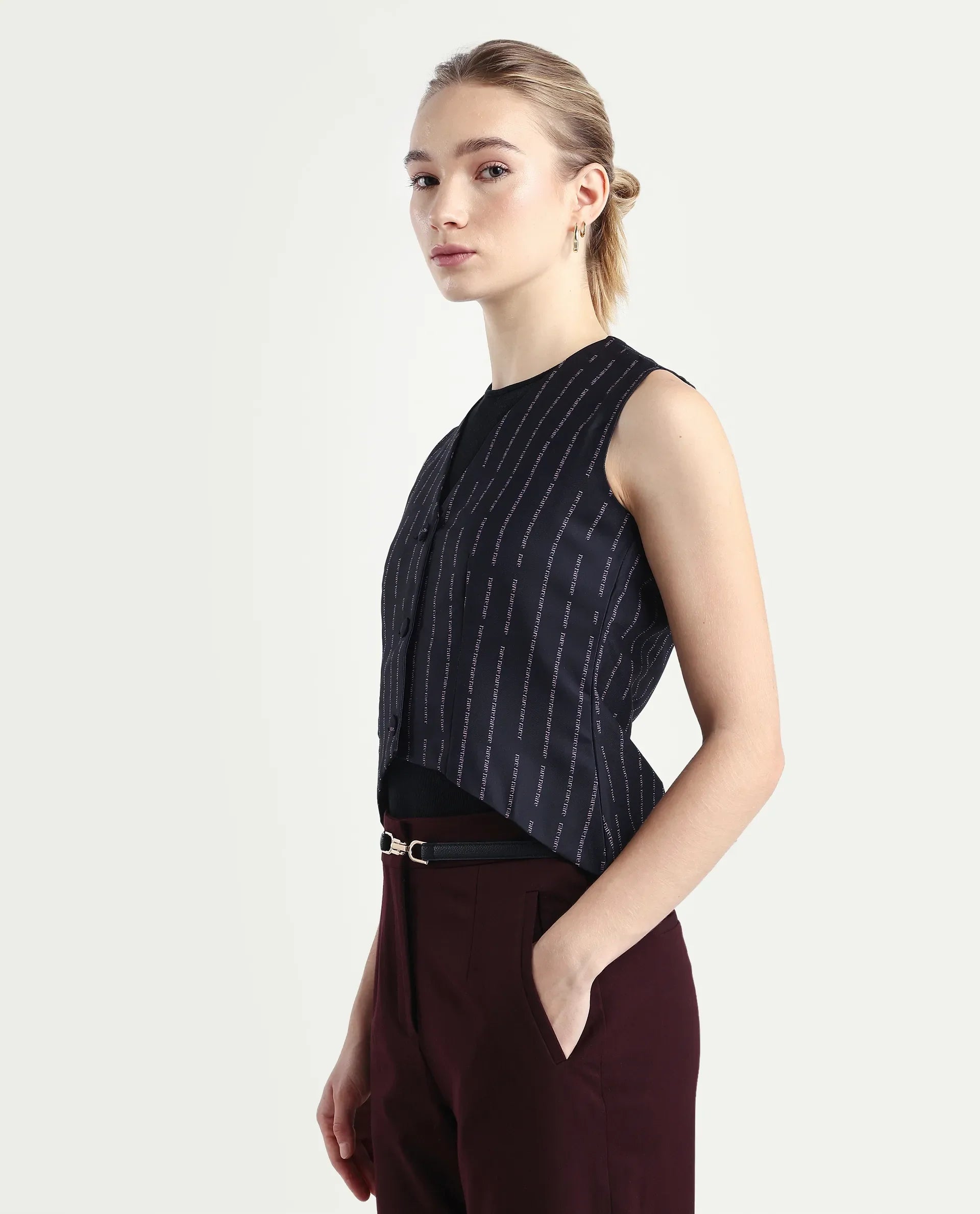 Rareism Women's Hicker Black Polyester V-Neck Striped Sleeveless Regular Fitted Top