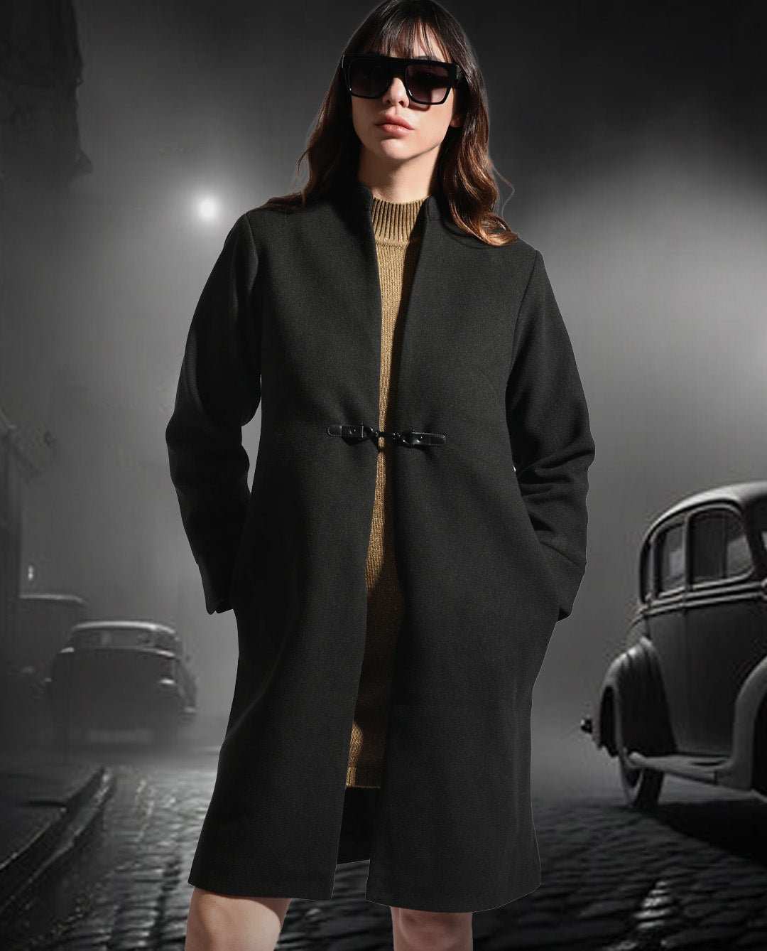 Rareism Women Sera Black Polyester Fabric Full Sleeves Solid High Neck Jacket