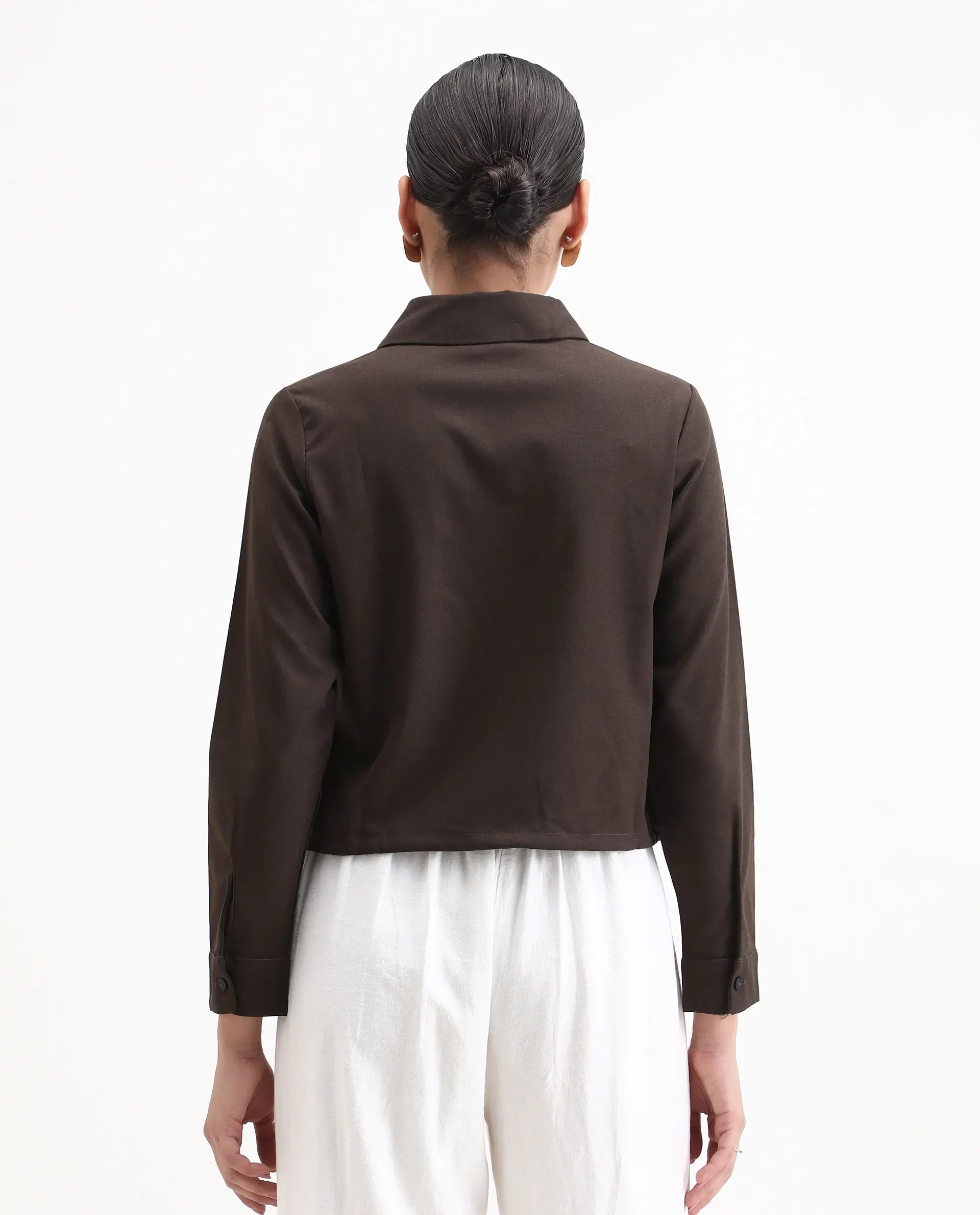Rareism Women's Hika Dark Brown Lycra Spread Collar Plain Cuffed Sleeve Regular Fit Top