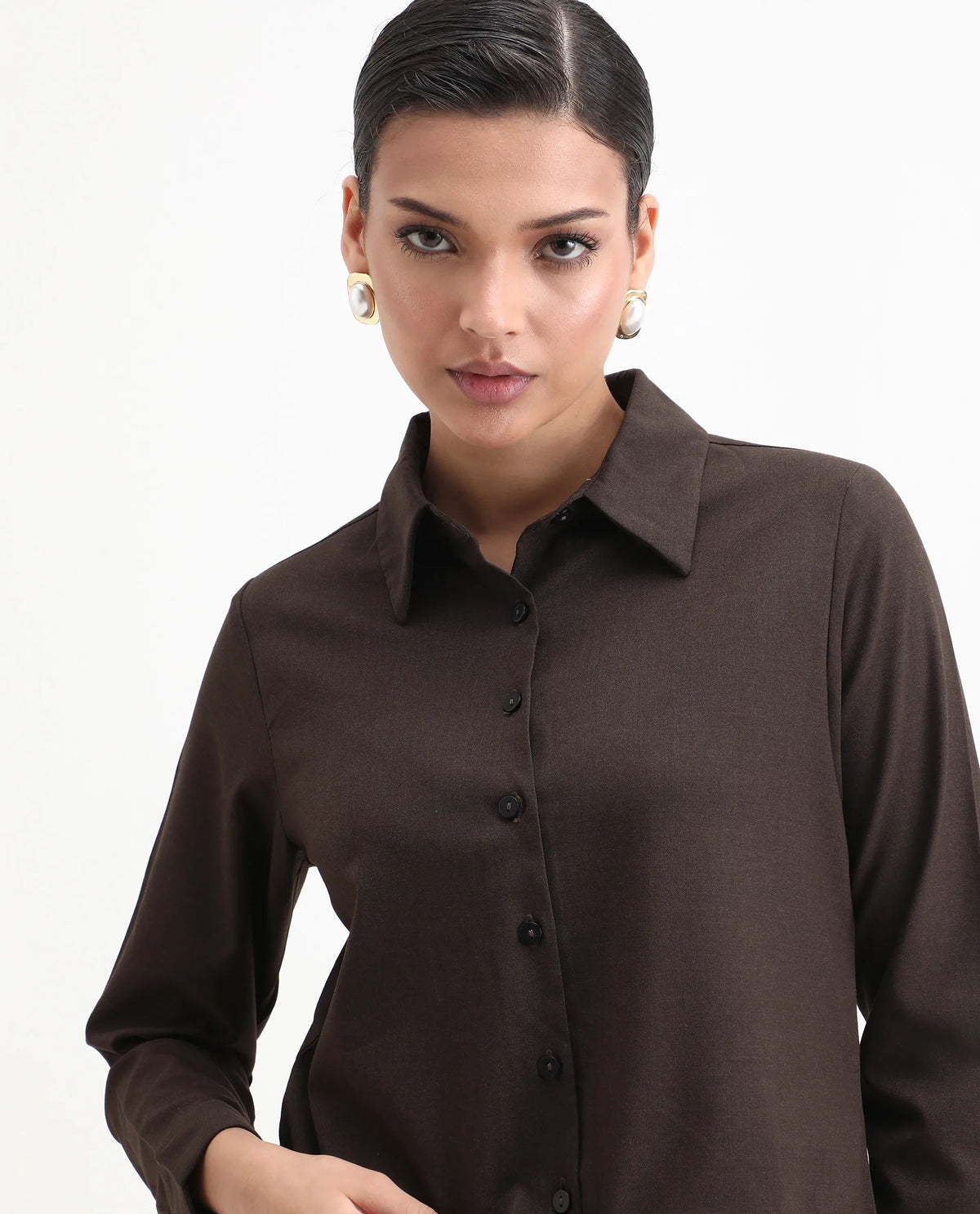 Rareism Women's Hika Dark Brown Lycra Spread Collar Plain Cuffed Sleeve Regular Fit Top