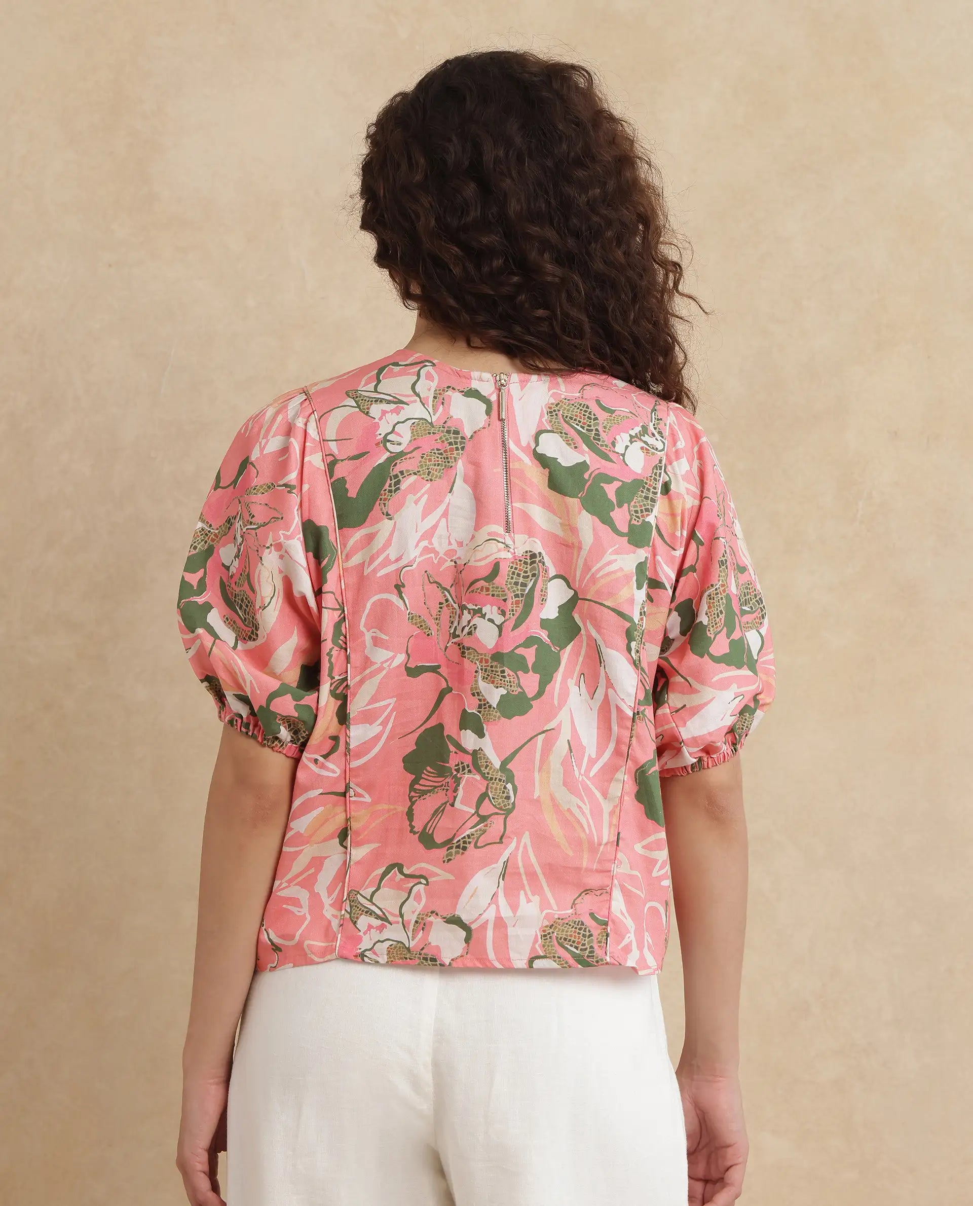 Rareism Women's Hirtemis Pink Cotton Blend Crew Neck Floral Print Balloon Sleeve Regular Fit Top