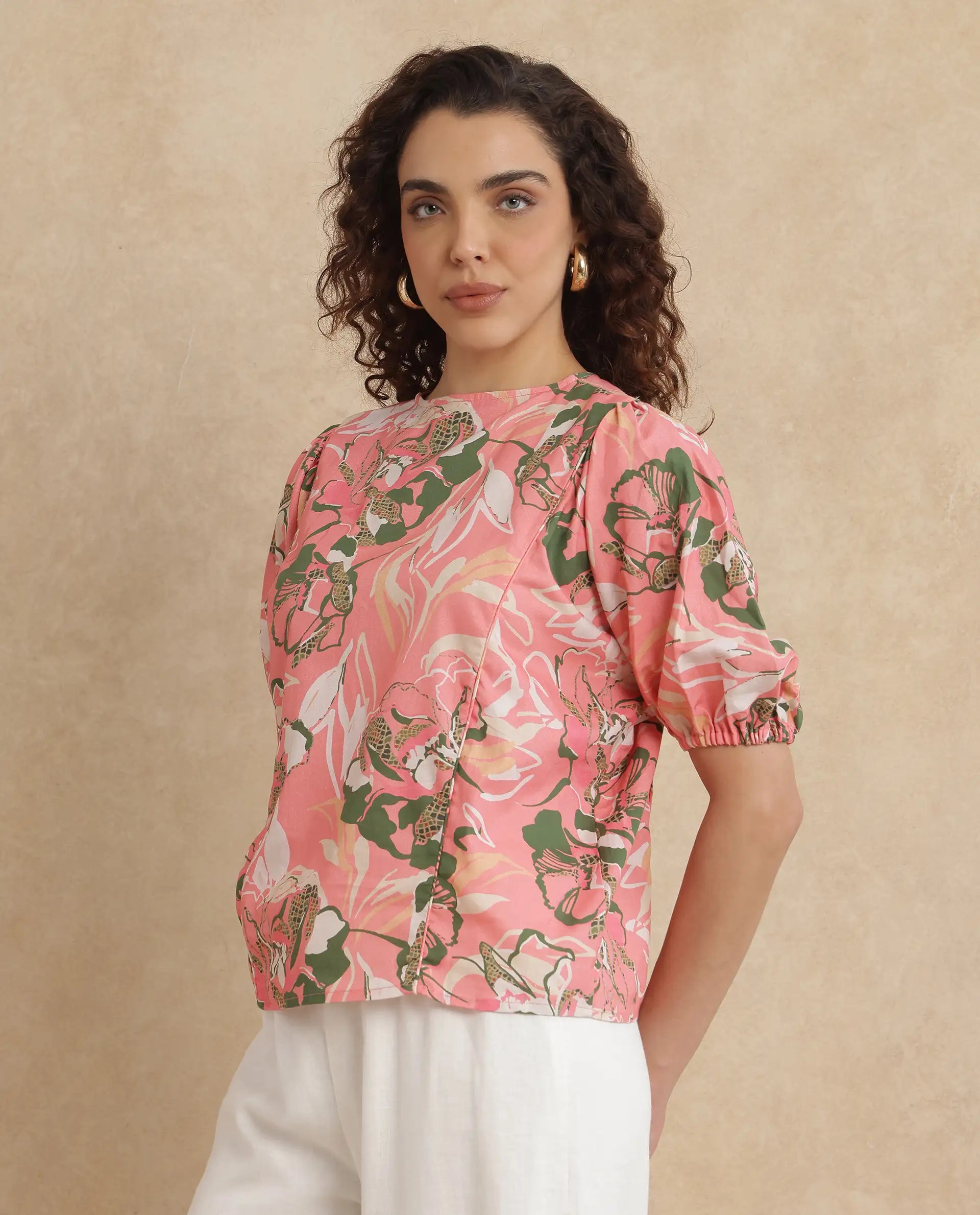 Rareism Women's Hirtemis Pink Cotton Blend Crew Neck Floral Print Balloon Sleeve Regular Fit Top