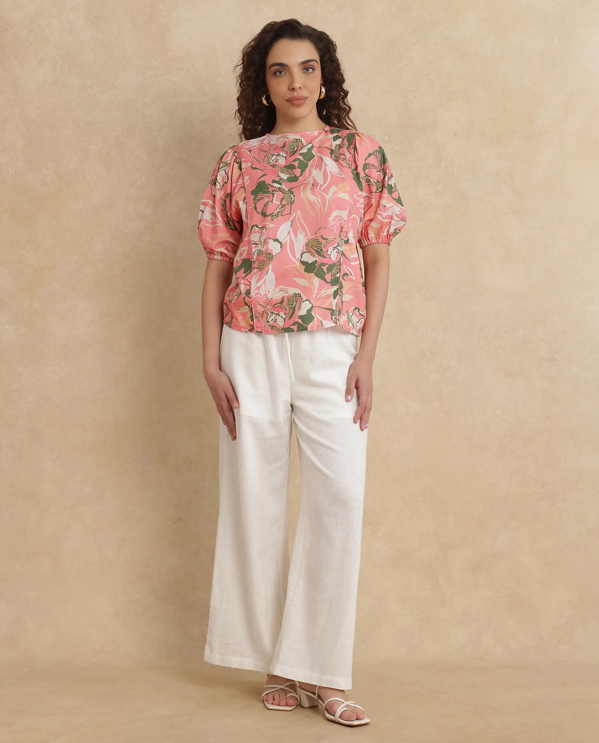 Rareism Women's Hirtemis Pink Cotton Blend Crew Neck Floral Print Balloon Sleeve Regular Fit Top