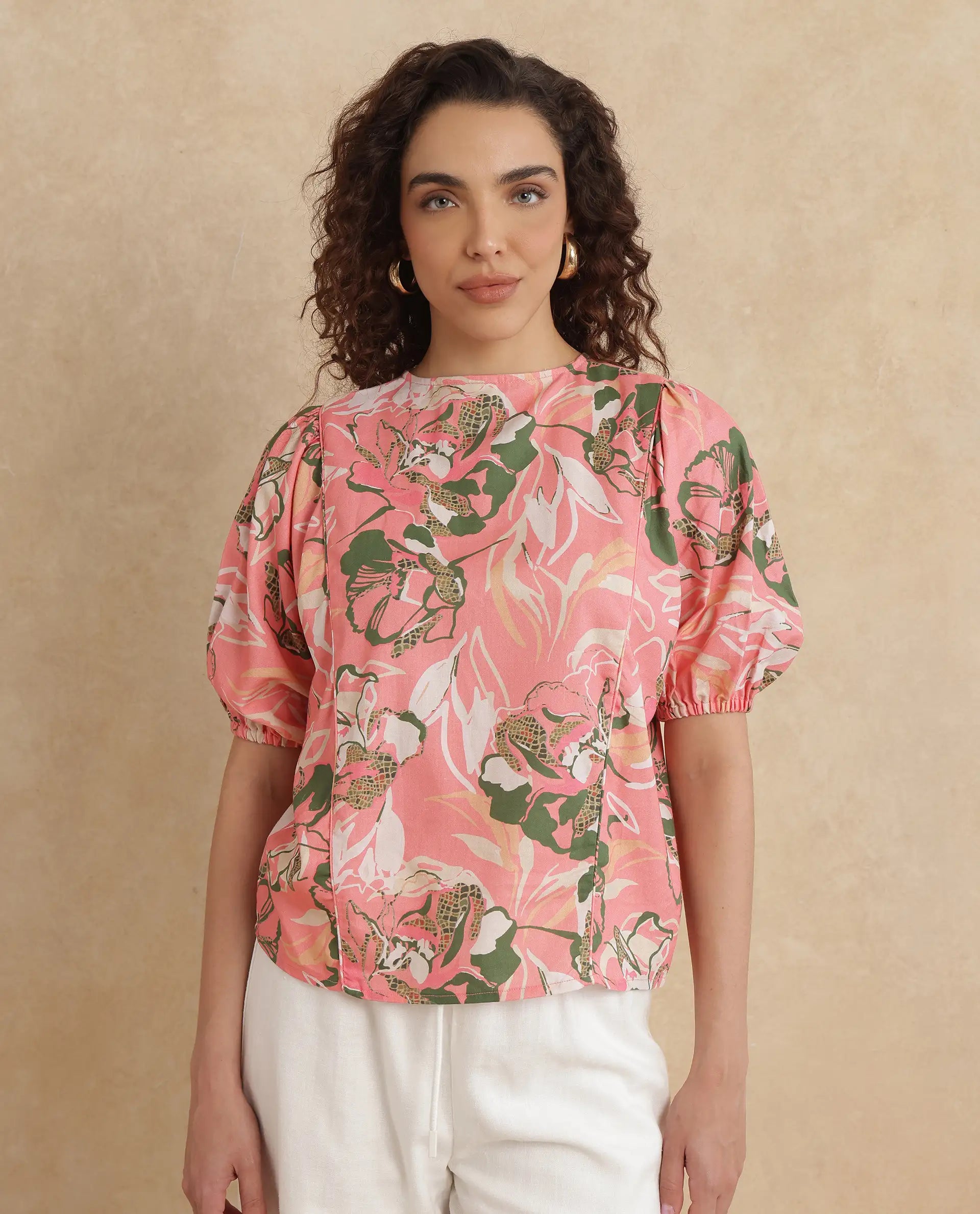 Rareism Women's Hirtemis Pink Cotton Blend Crew Neck Floral Print Balloon Sleeve Regular Fit Top