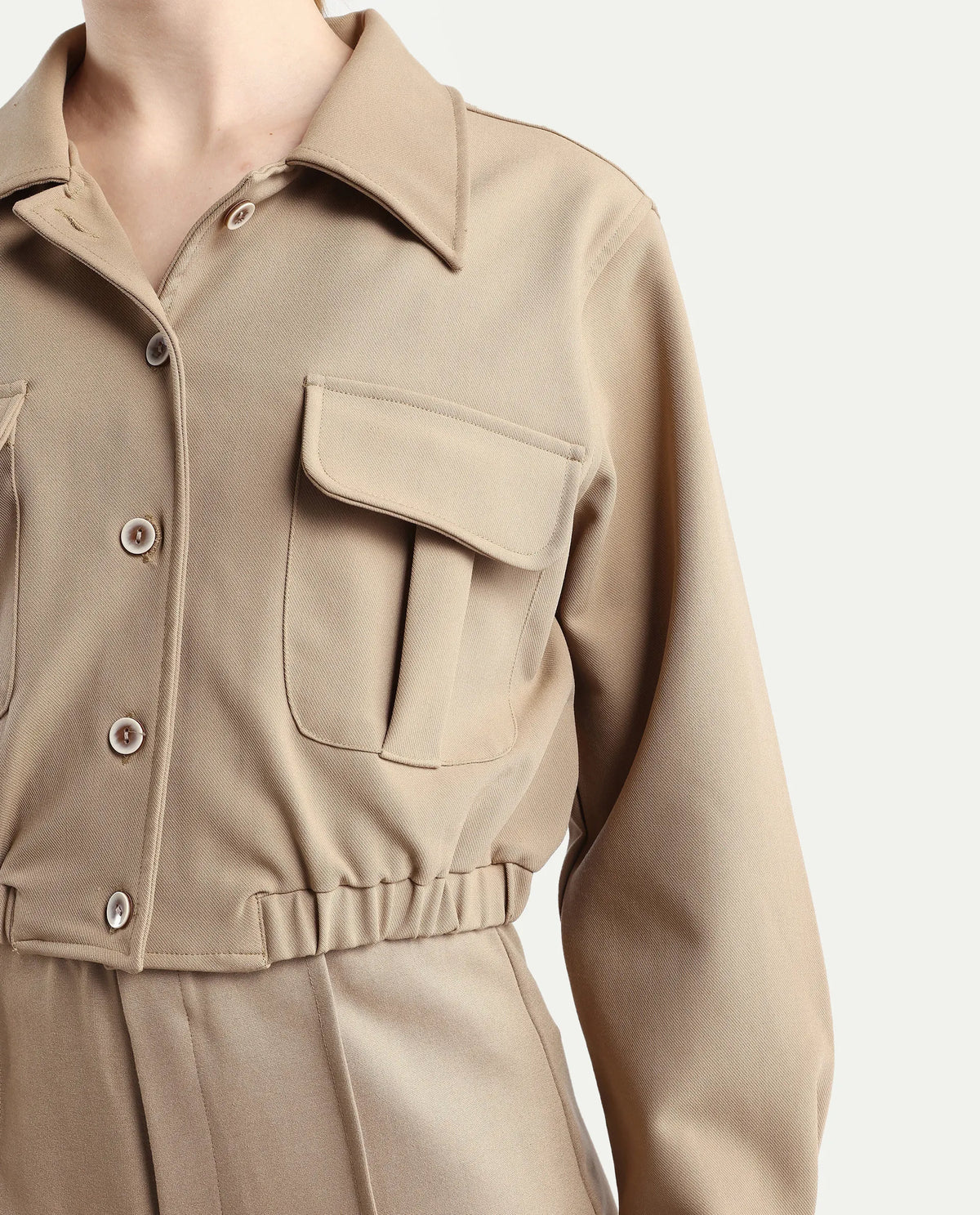 Rareism Women's Hobart Beige Spread Collar Plain Cuffed Sleeve Crop Regular Fit Jacket