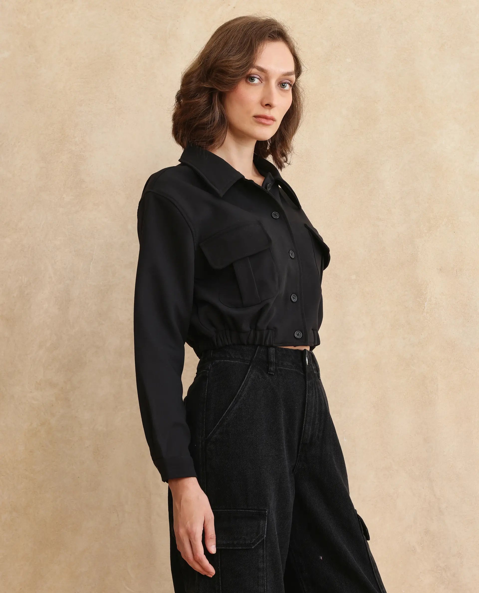 Rareism Women's Hobart Black Drop Collar Plain Cuffed Sleeve Crop Regular Fit Jacket