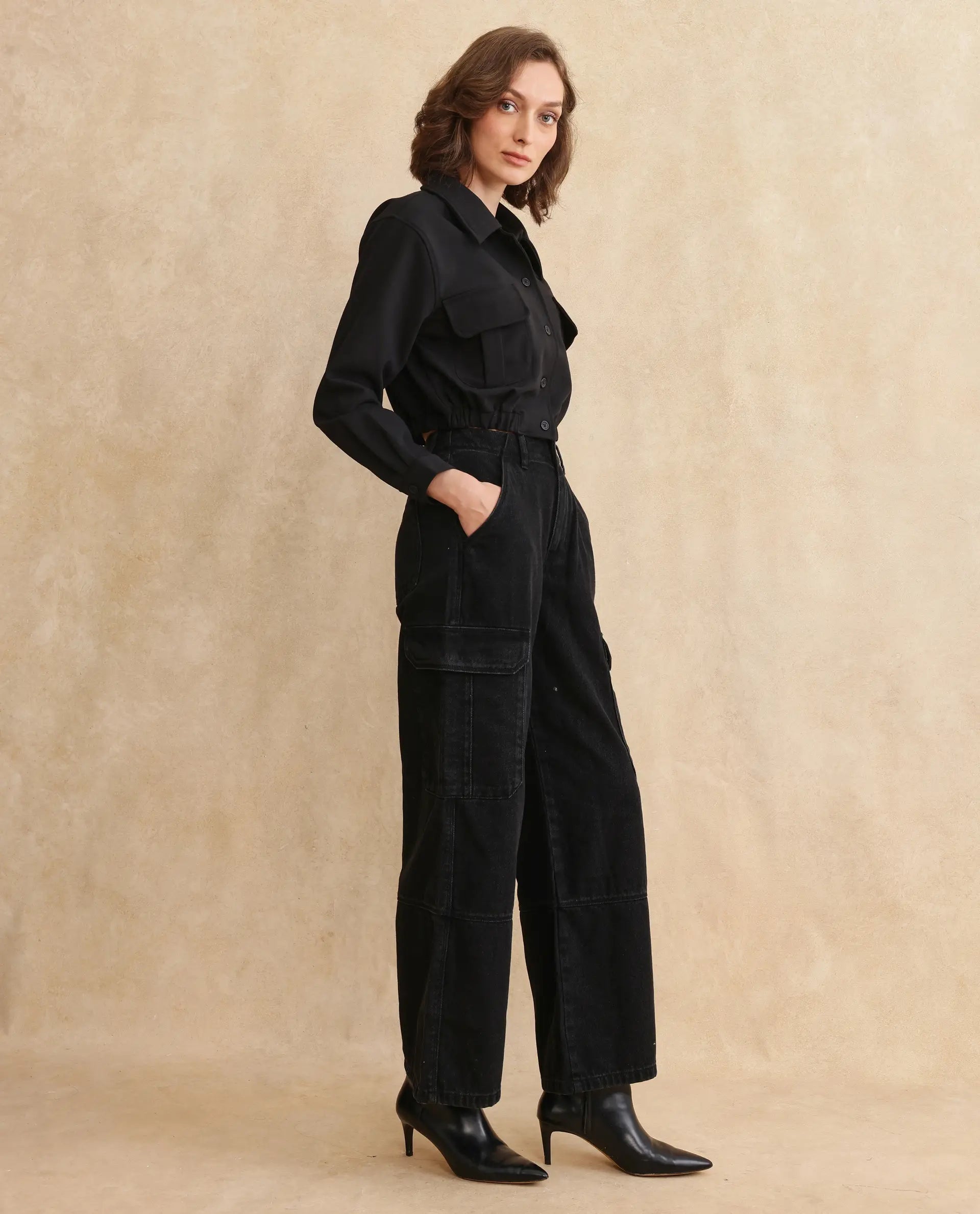 Rareism Women's Hobart Black Drop Collar Plain Cuffed Sleeve Crop Regular Fit Jacket