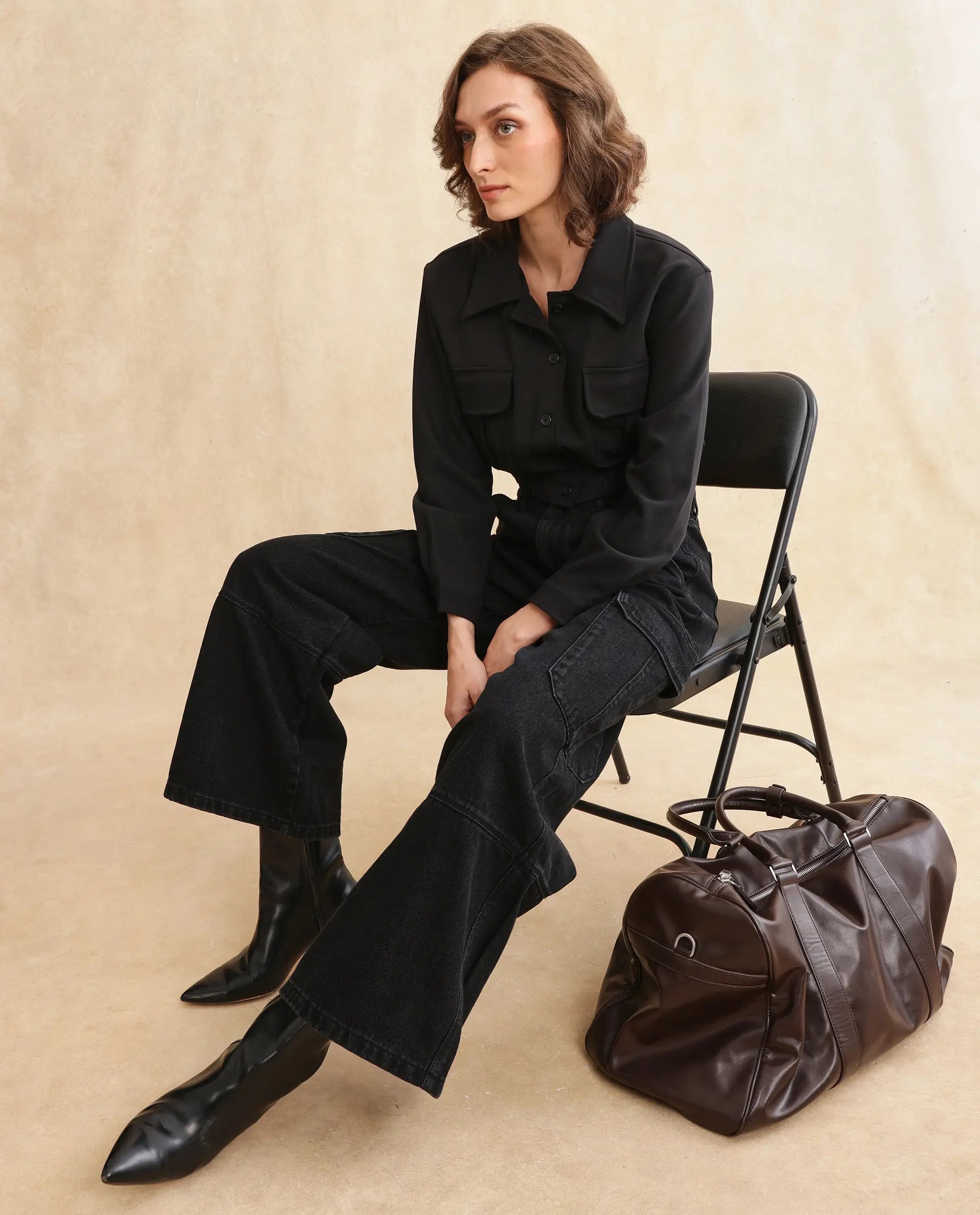 Rareism Women's Hobart Black Drop Collar Plain Cuffed Sleeve Crop Regular Fit Jacket