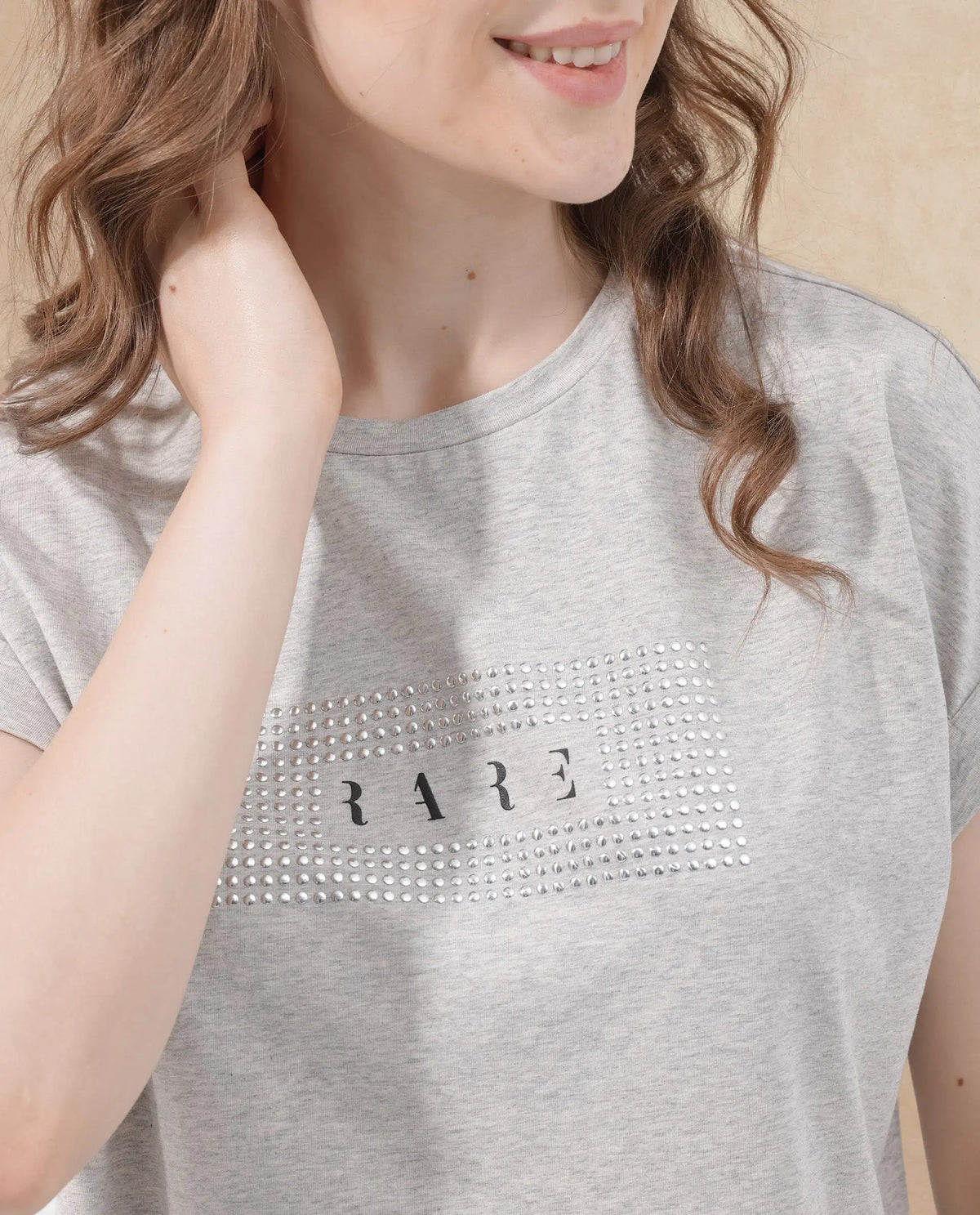 Rareism Women's Hoet Melange Grey Cotton Blend Crew Neck Graphic Print Short Sleeves Regular Fit T-Shirt