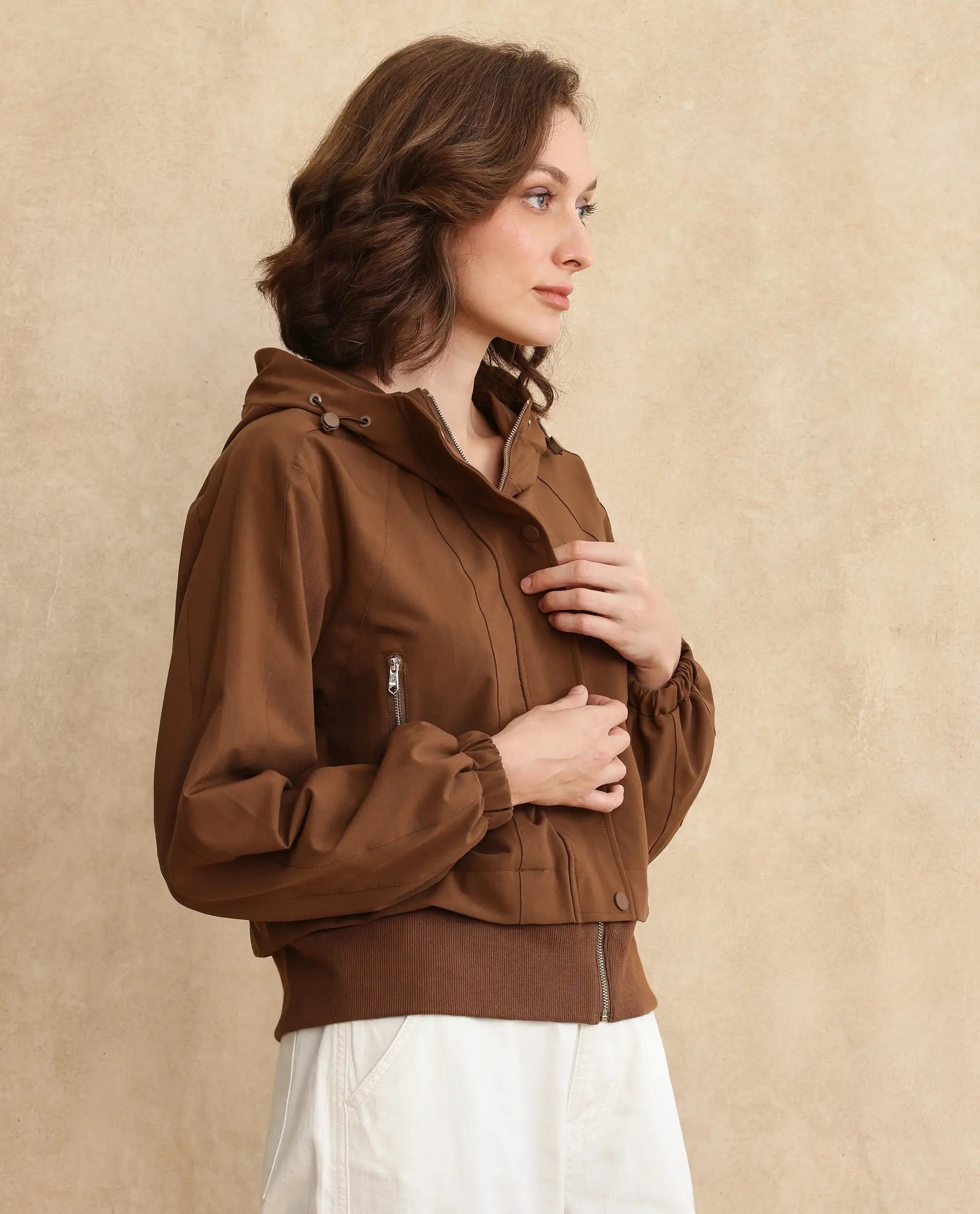 Rareism Women's Hoian Dark Beige Stand Collar Plain Ribbed Sleeve Boxy Fit Jacket