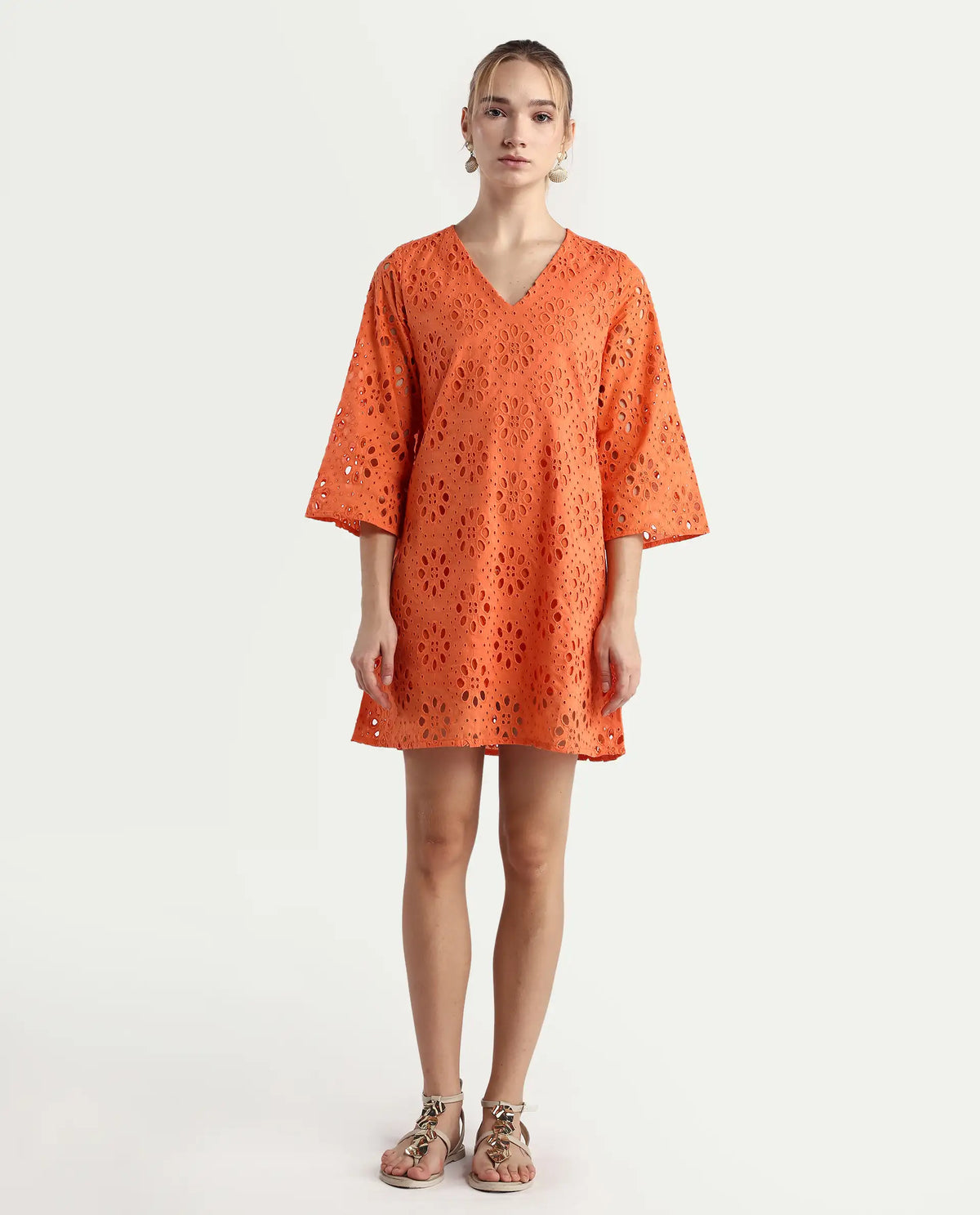 Rareism Women's Hoiter Orange Cotton V-Neck Plain Bell Sleeve Mini A-Line Dress