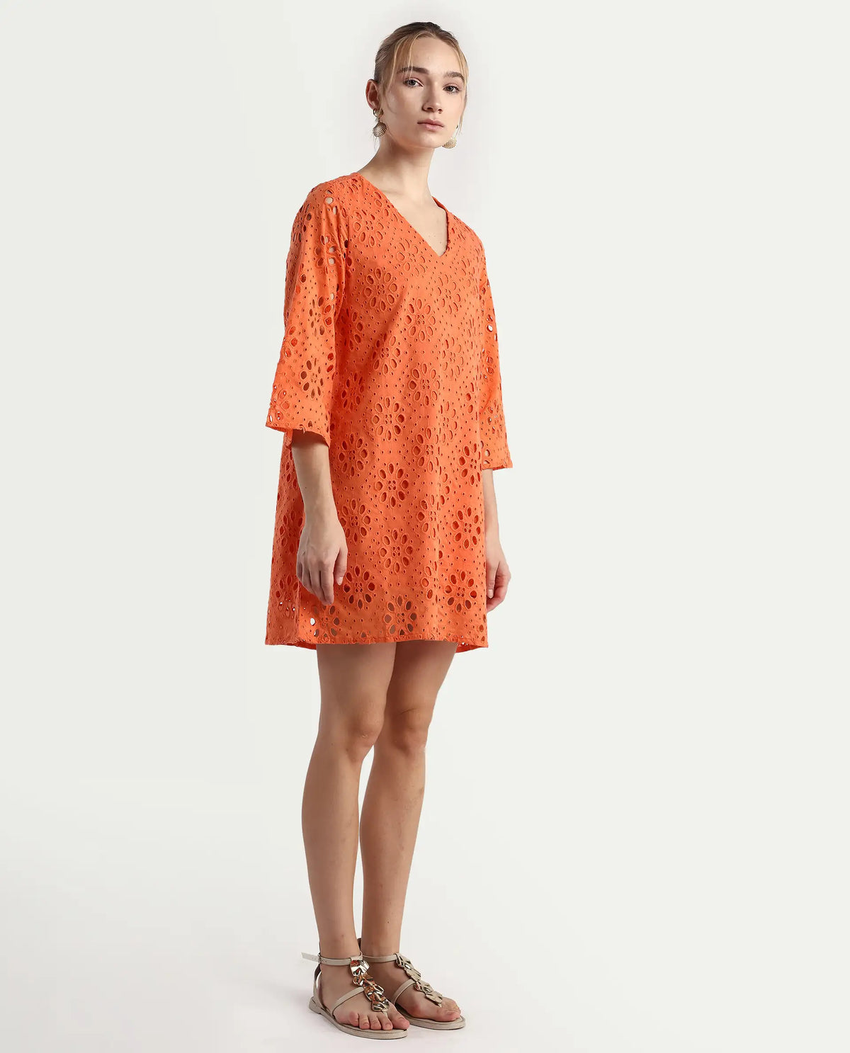 Rareism Women's Hoiter Orange Cotton V-Neck Plain Bell Sleeve Mini A-Line Dress