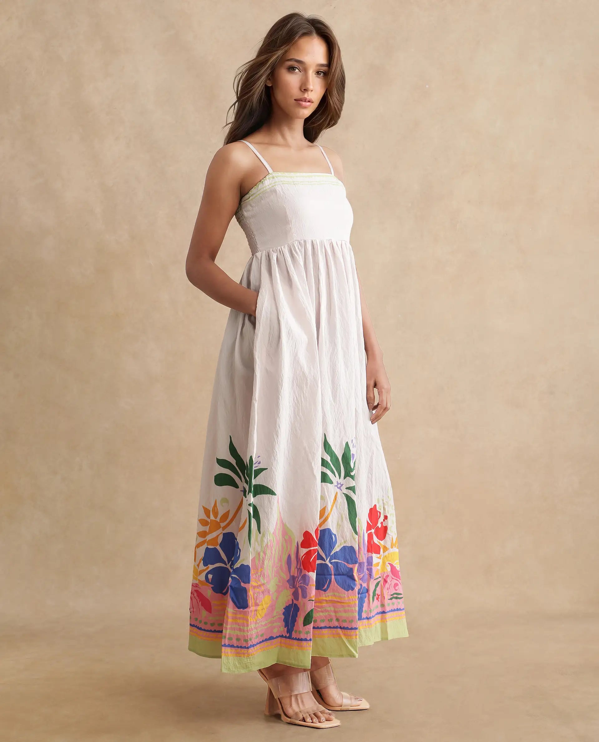 Rareism Women's Holley Multi Nylon Blend Shoulder Strap Floral Print Shoulder Strap Maxi Fit And Flare Dress