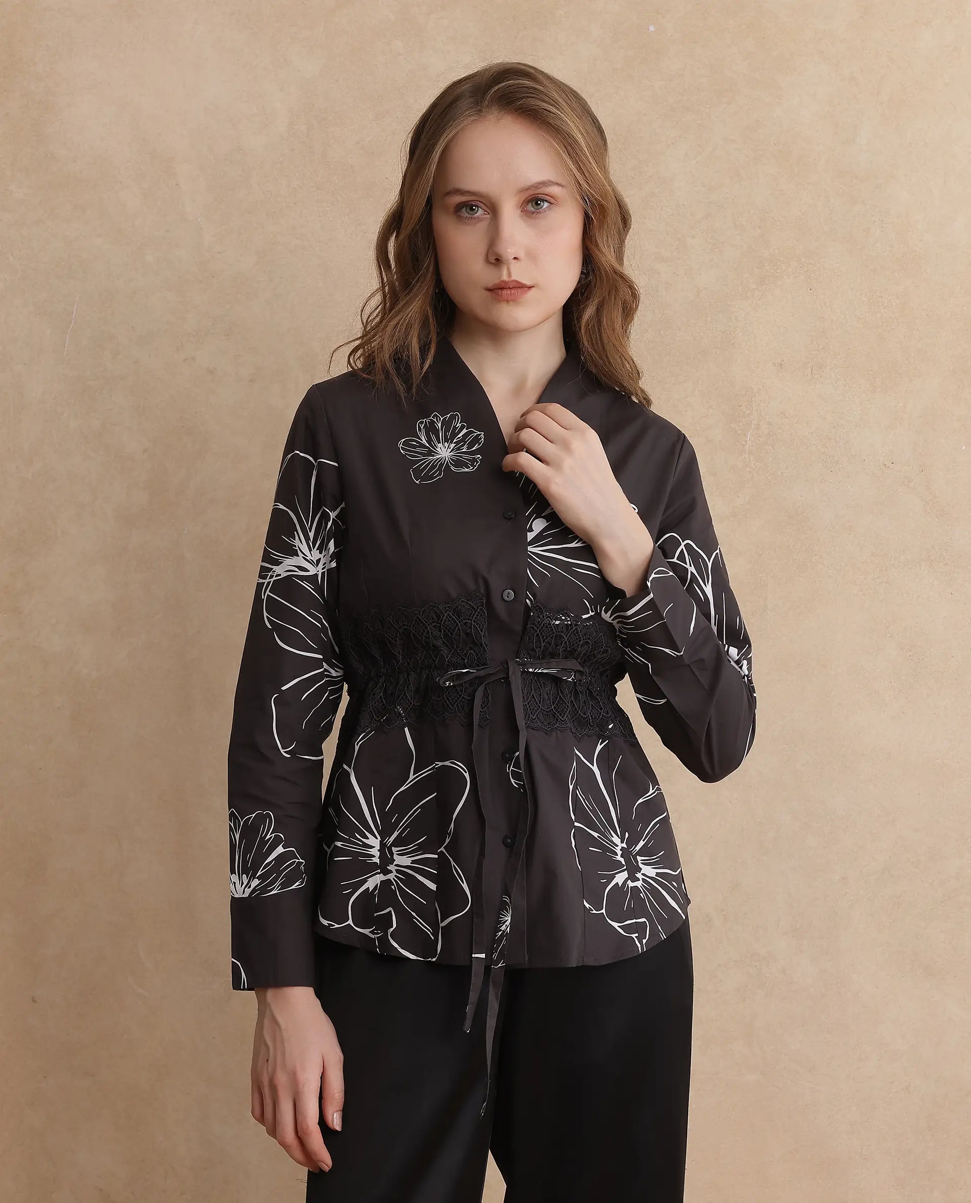 Rareism Women's Hoose Brown Cotton V-Neck Floral Print Cuffed Sleeve Regular Fit Top